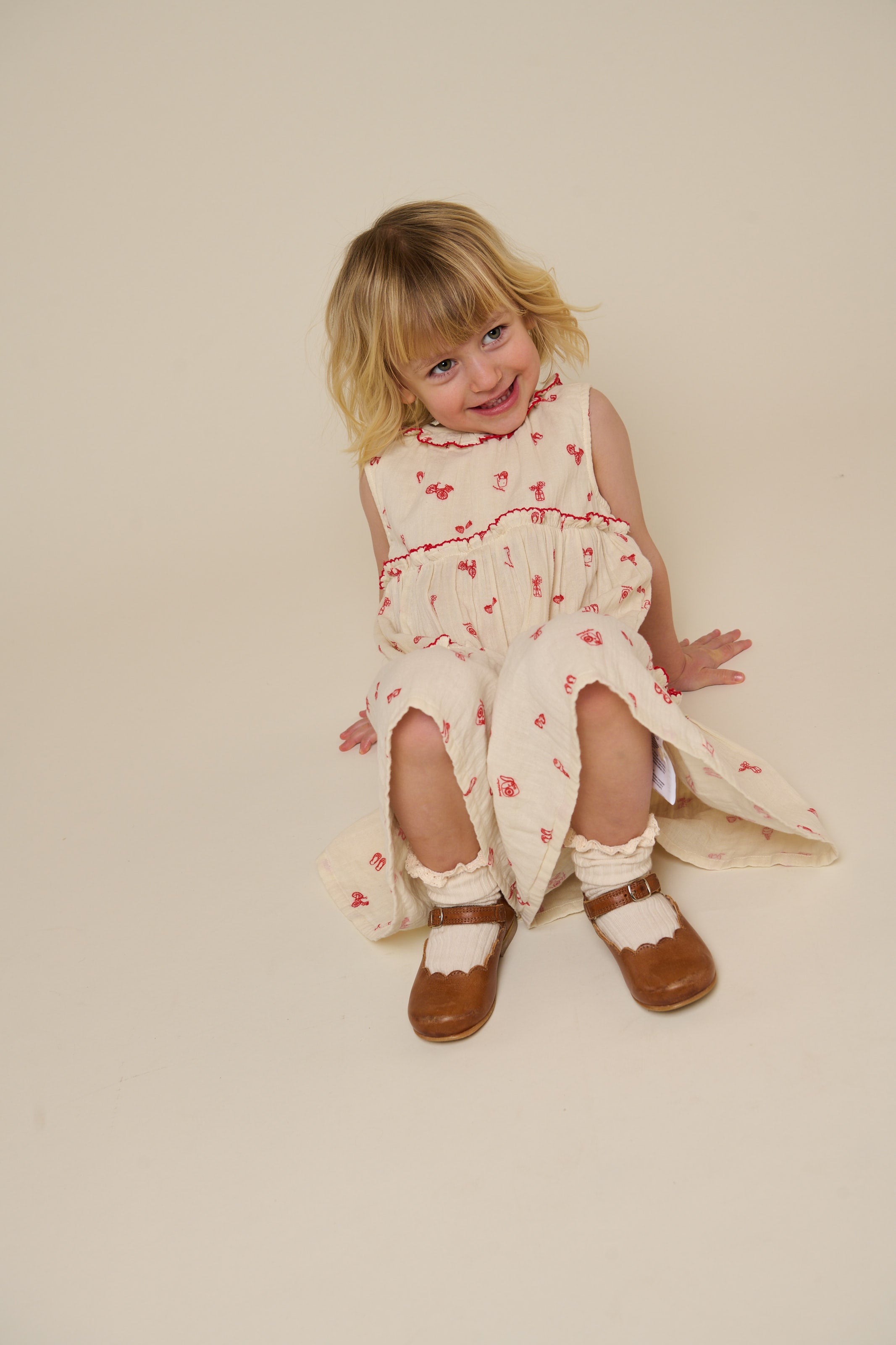 Printed Gauze Dress with Collar - Kids - Offwhite/Cherry Red | 100975 Fiona