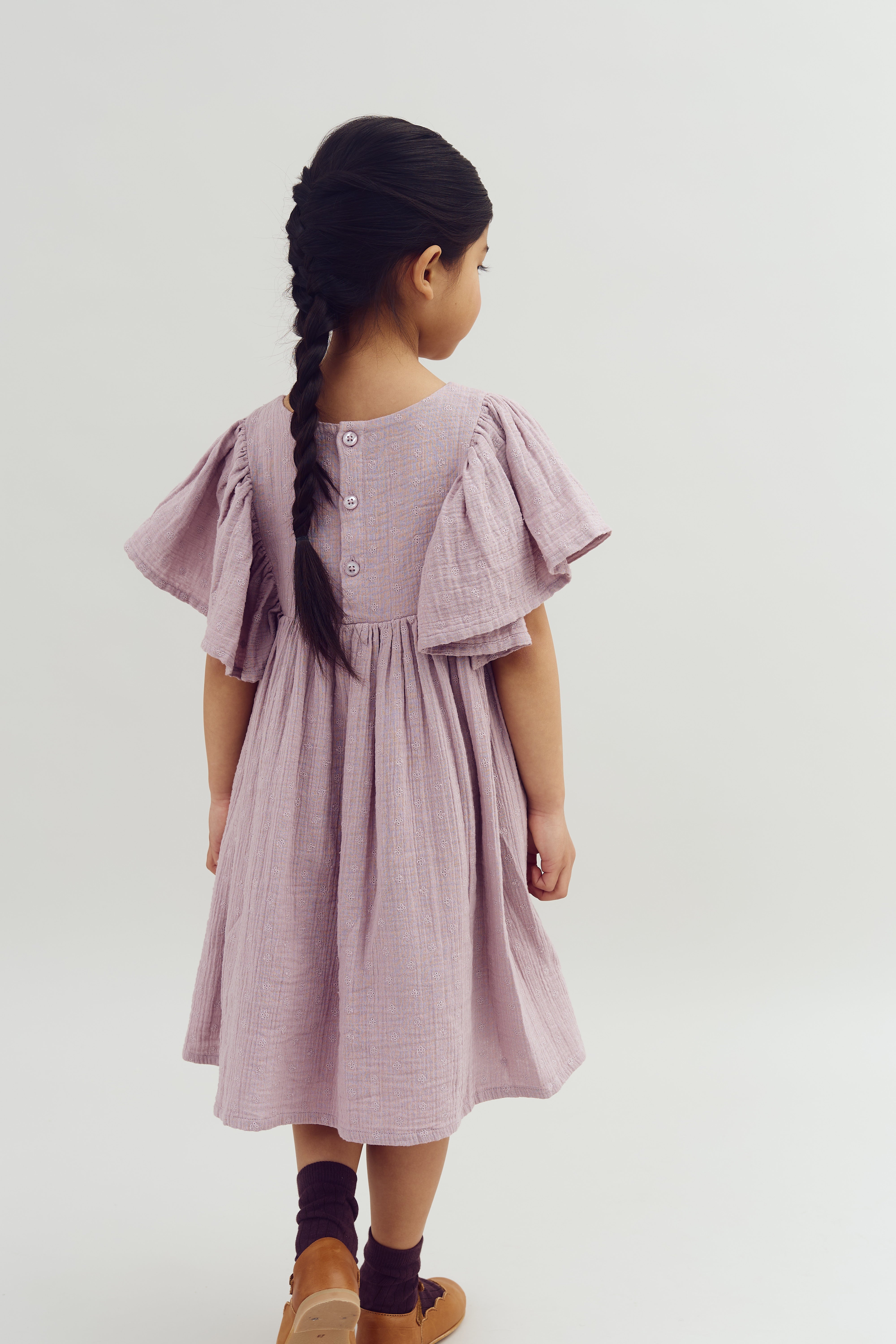Muslin Butterfly-sleeve Dress with Embroidery - Purple | 100244 Ella
