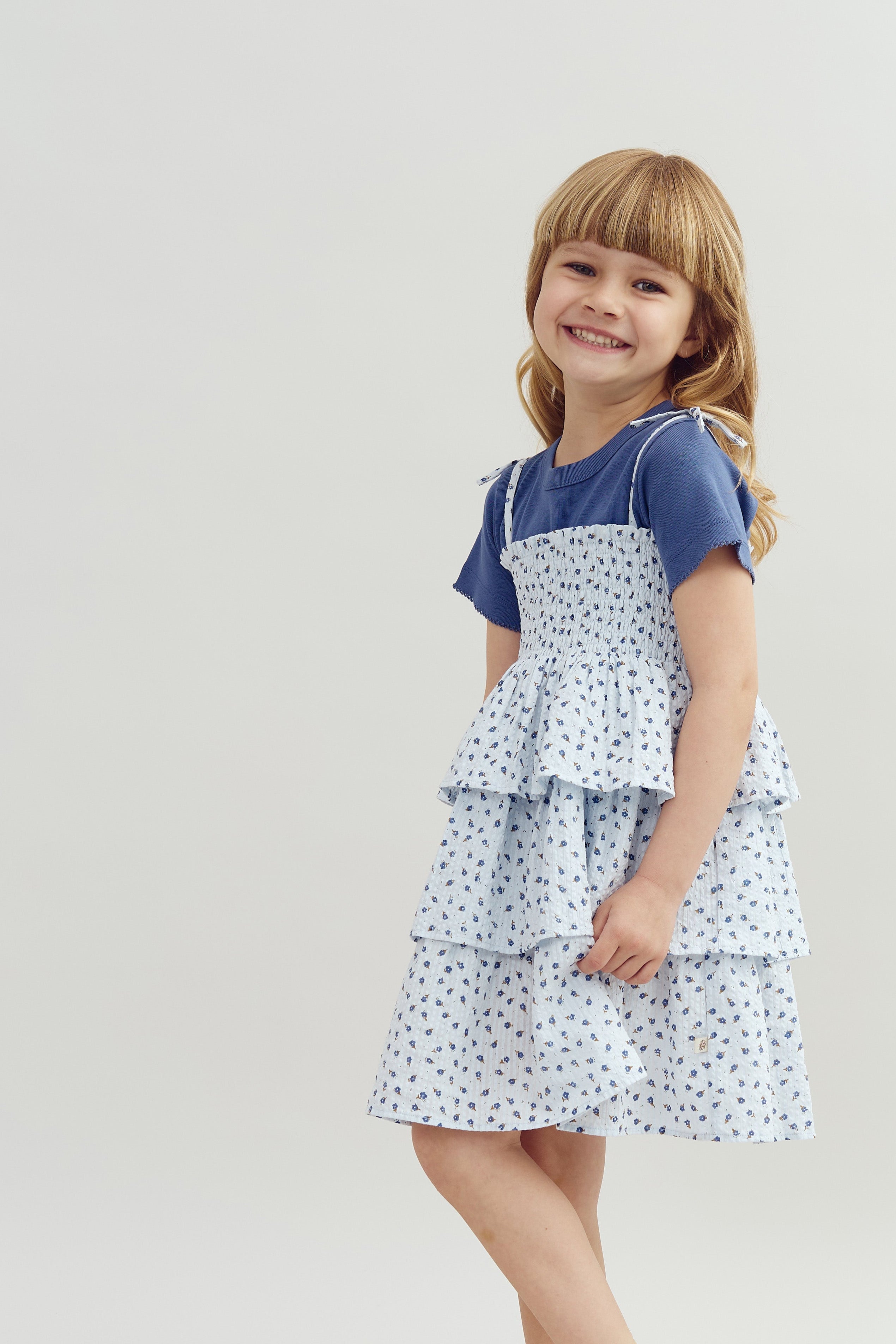 Flower Print Ruffle Dress - Blue Flower | 100306 Annie