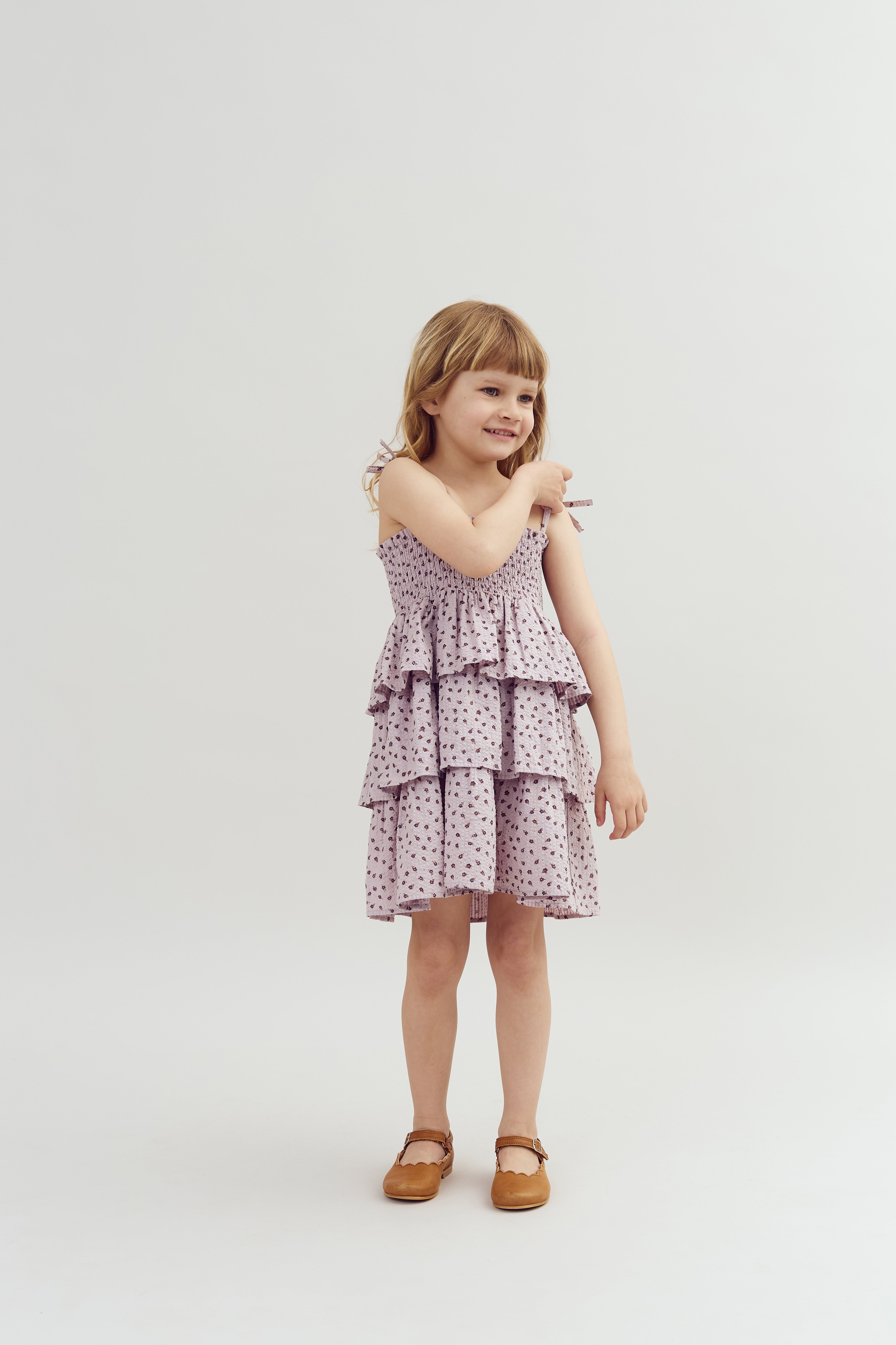 Flower Print Ruffle Dress - Purple Flower | 100307 Annie
