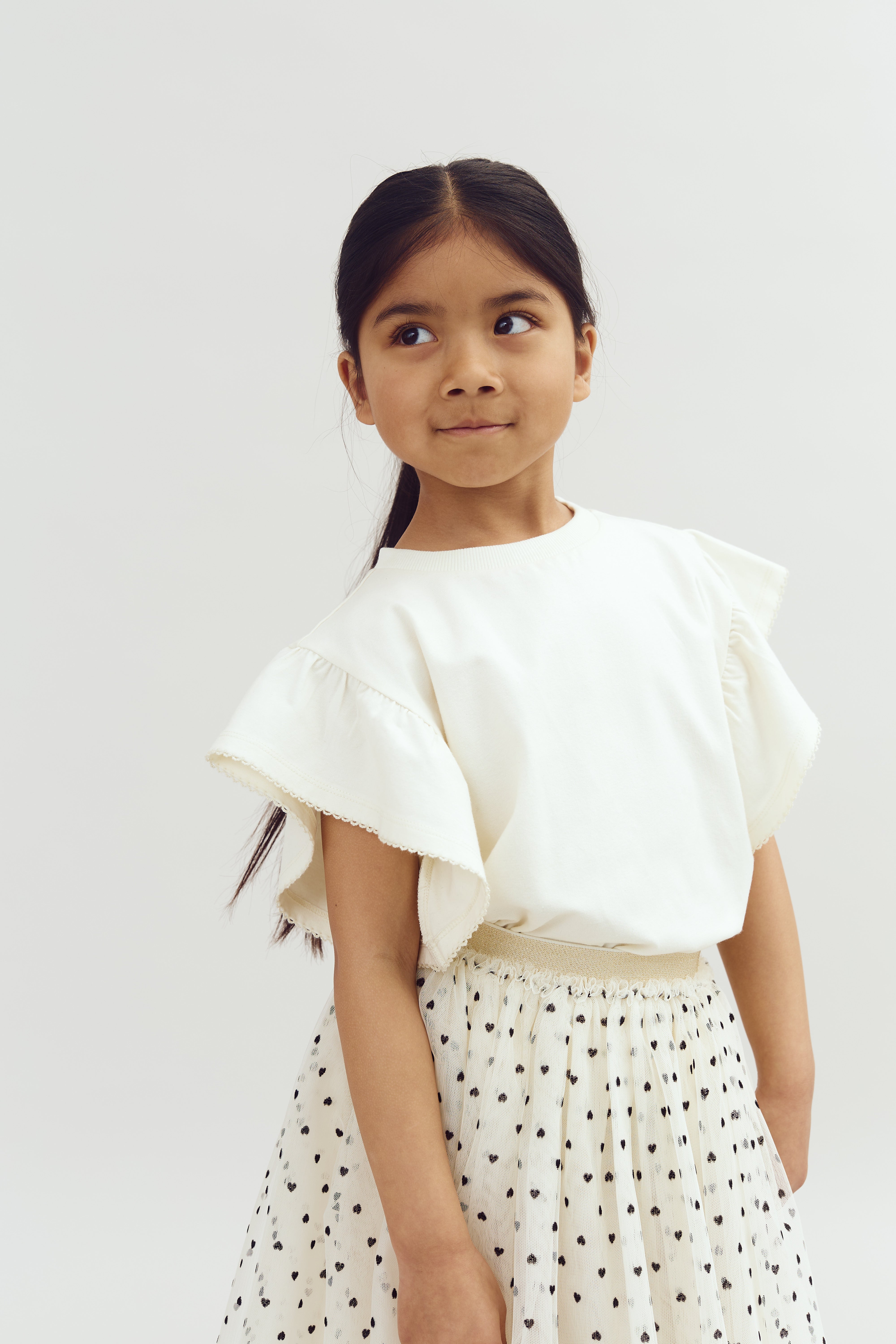 Ruffle Sleeve T-Shirt w. Picot stitch - Off White | 100254 Vilde