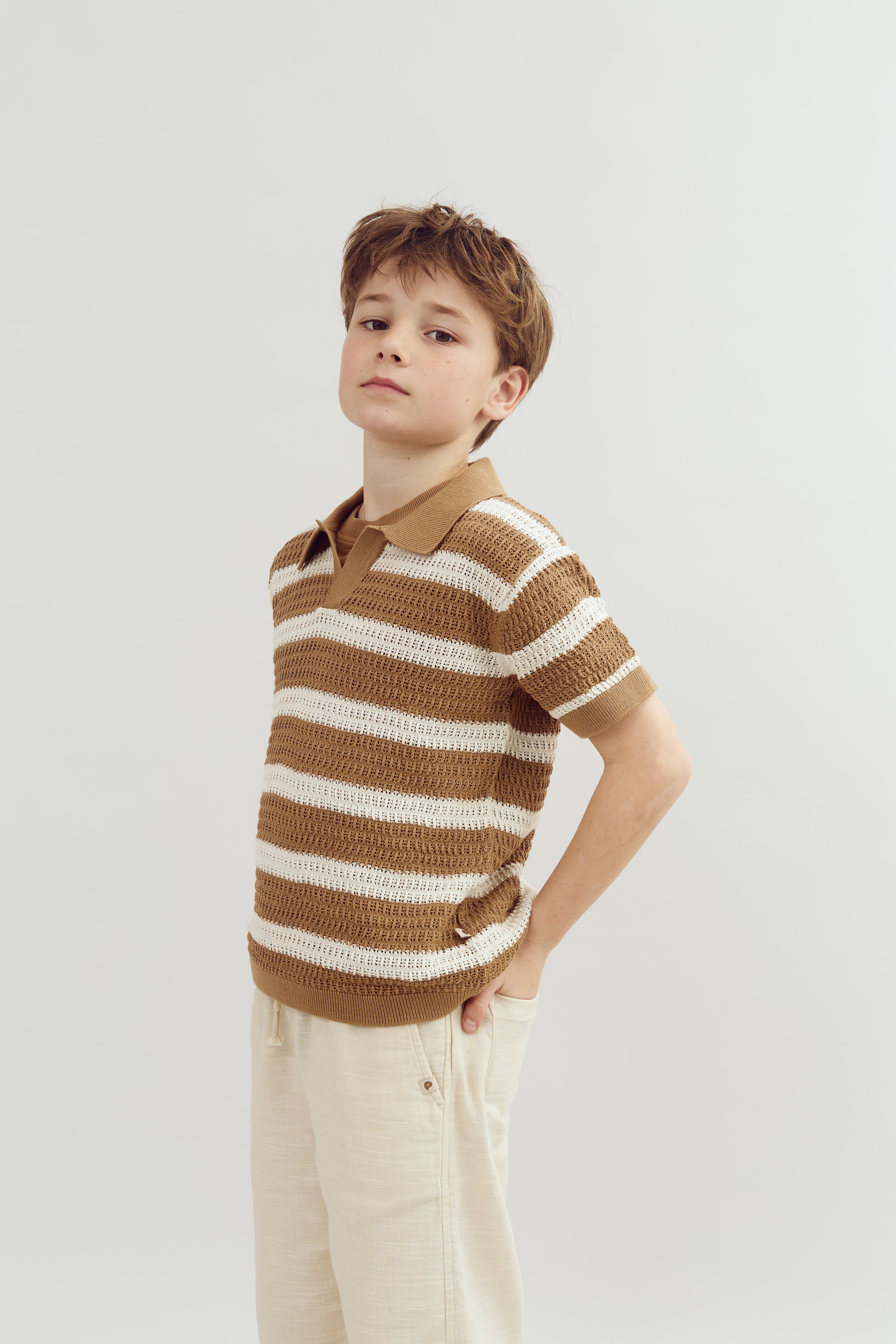 Striped Knit Polo - Tween - Walnut | 100396 Piet