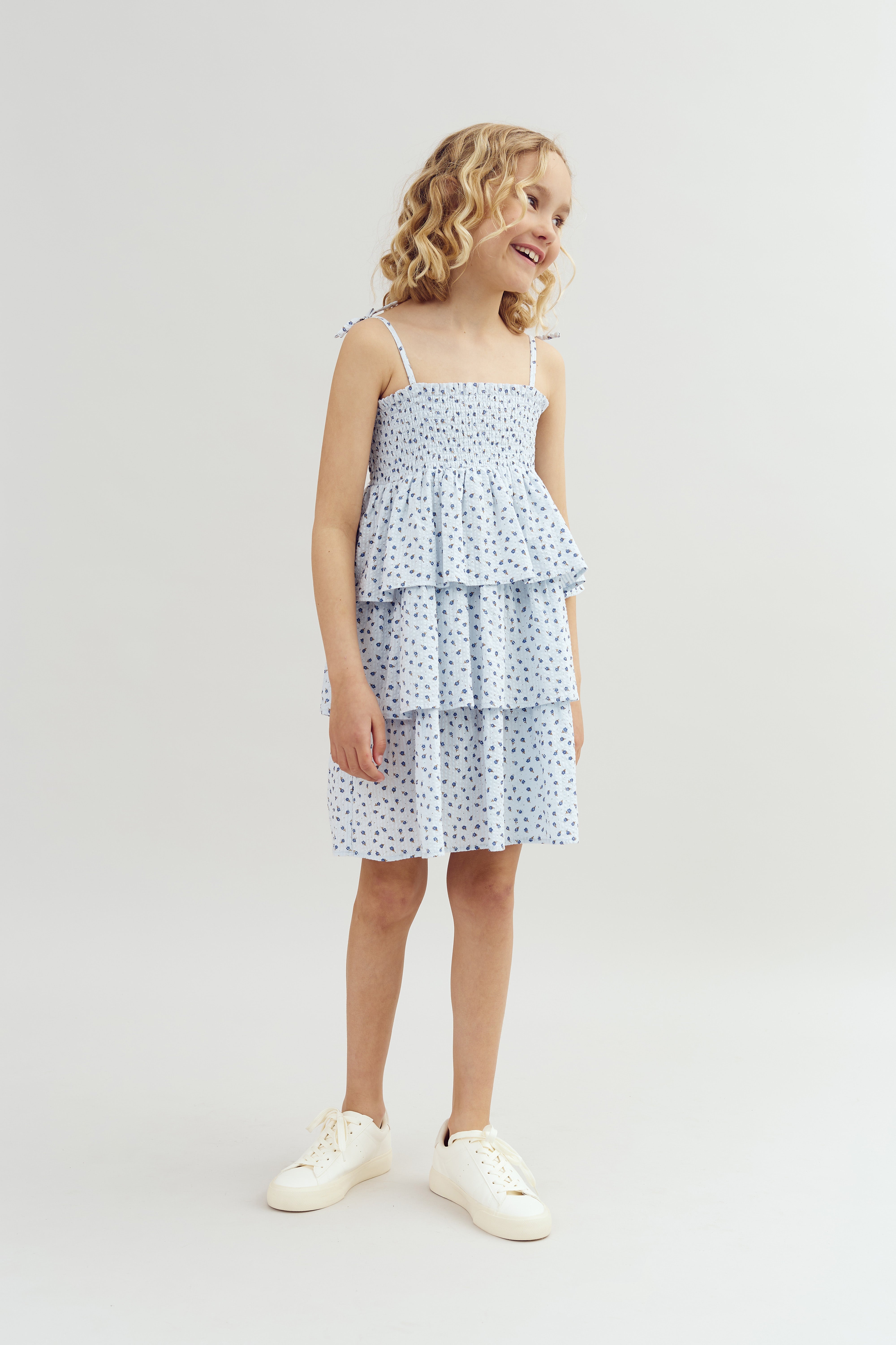 Flower Print Ruffle Dress - Tween - Blue Flower | 100431 Annie