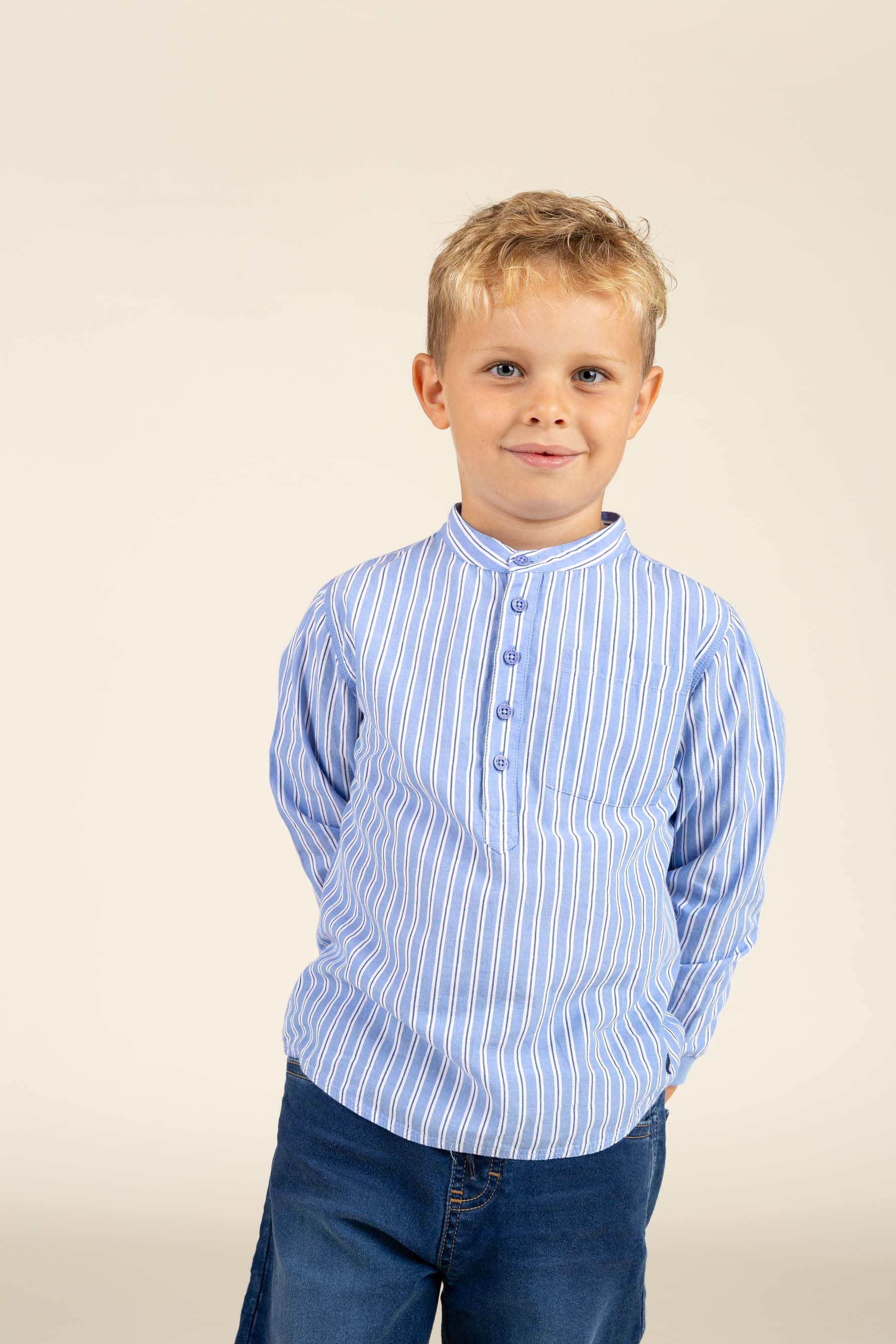 Striped Mandarin Shirt - Kids - Blue Stripe | 100488 Kai
