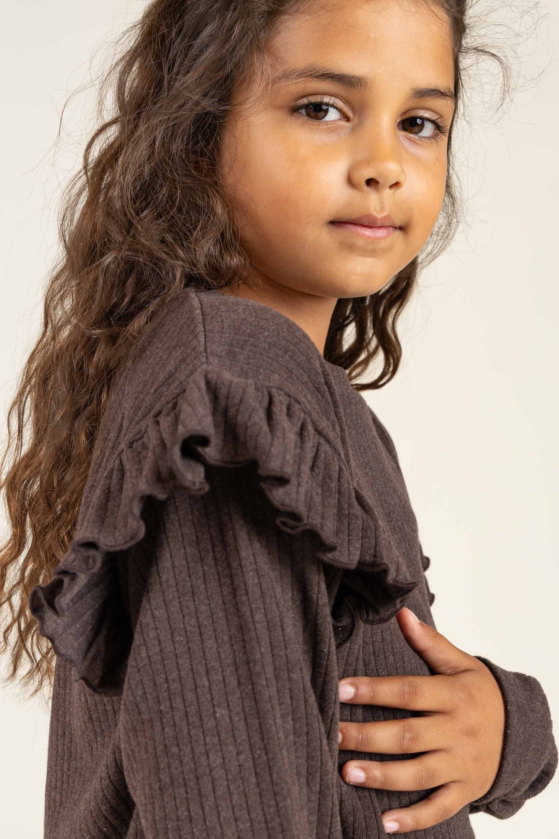 Soft Rib Frill Blouse - Tween - Chocolate Melange | 100695 Alana