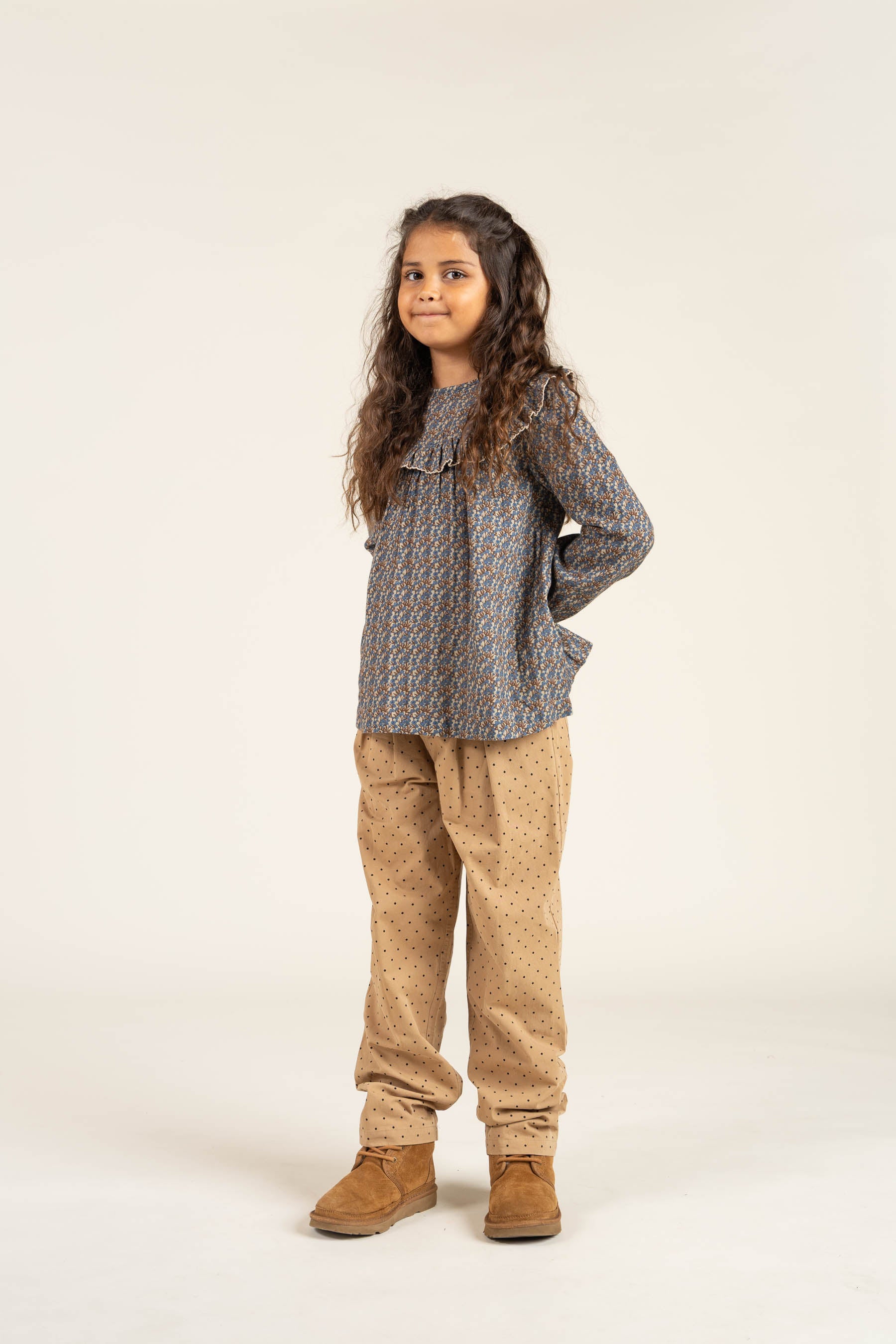 Printed Double Gauze Two-way Blouse - Tween - Blue / Brown | 100730 Maggie