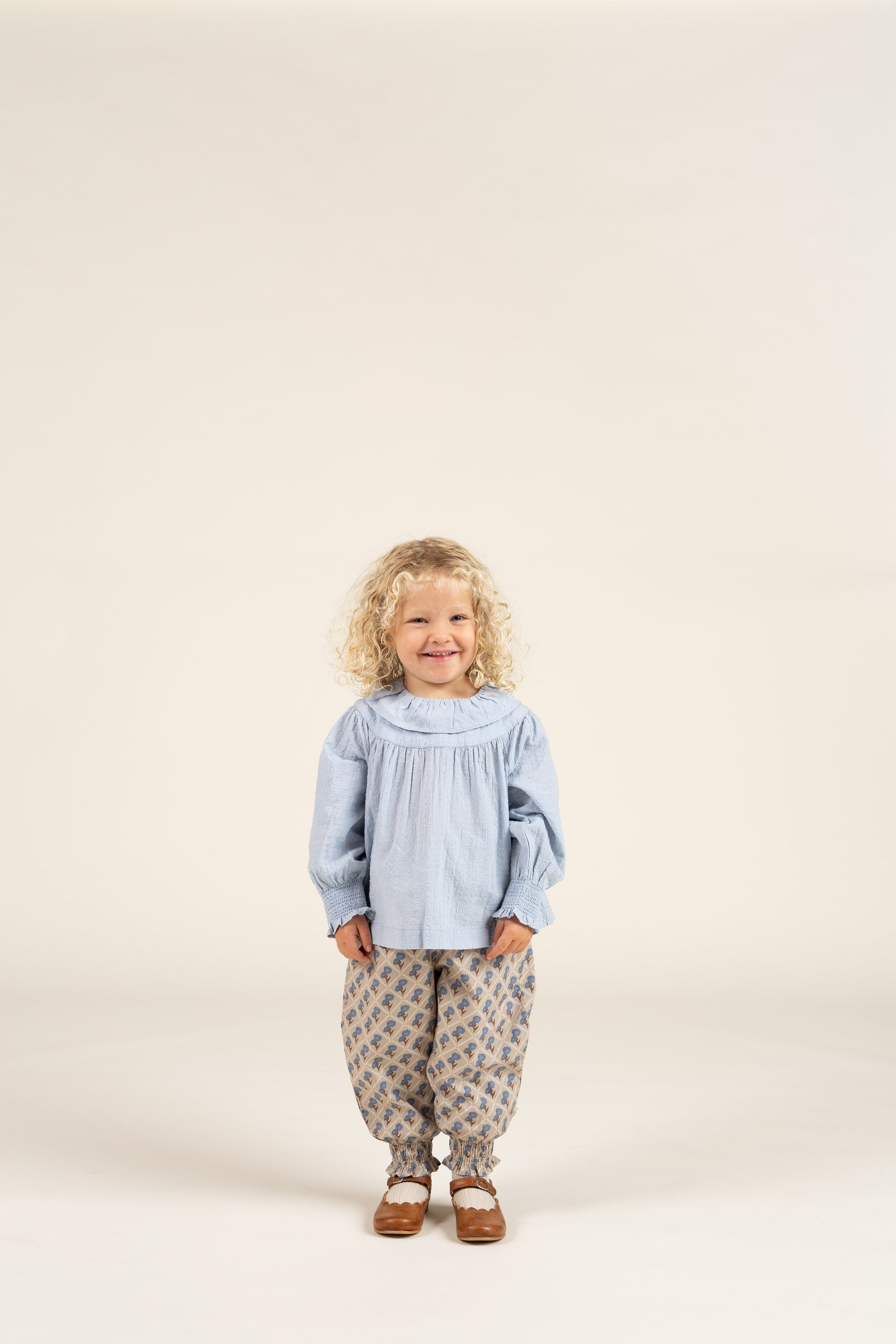 Printed Cotton Poplin Trousers - Kids - Caffe Latte w. Blue | 100724 Amine