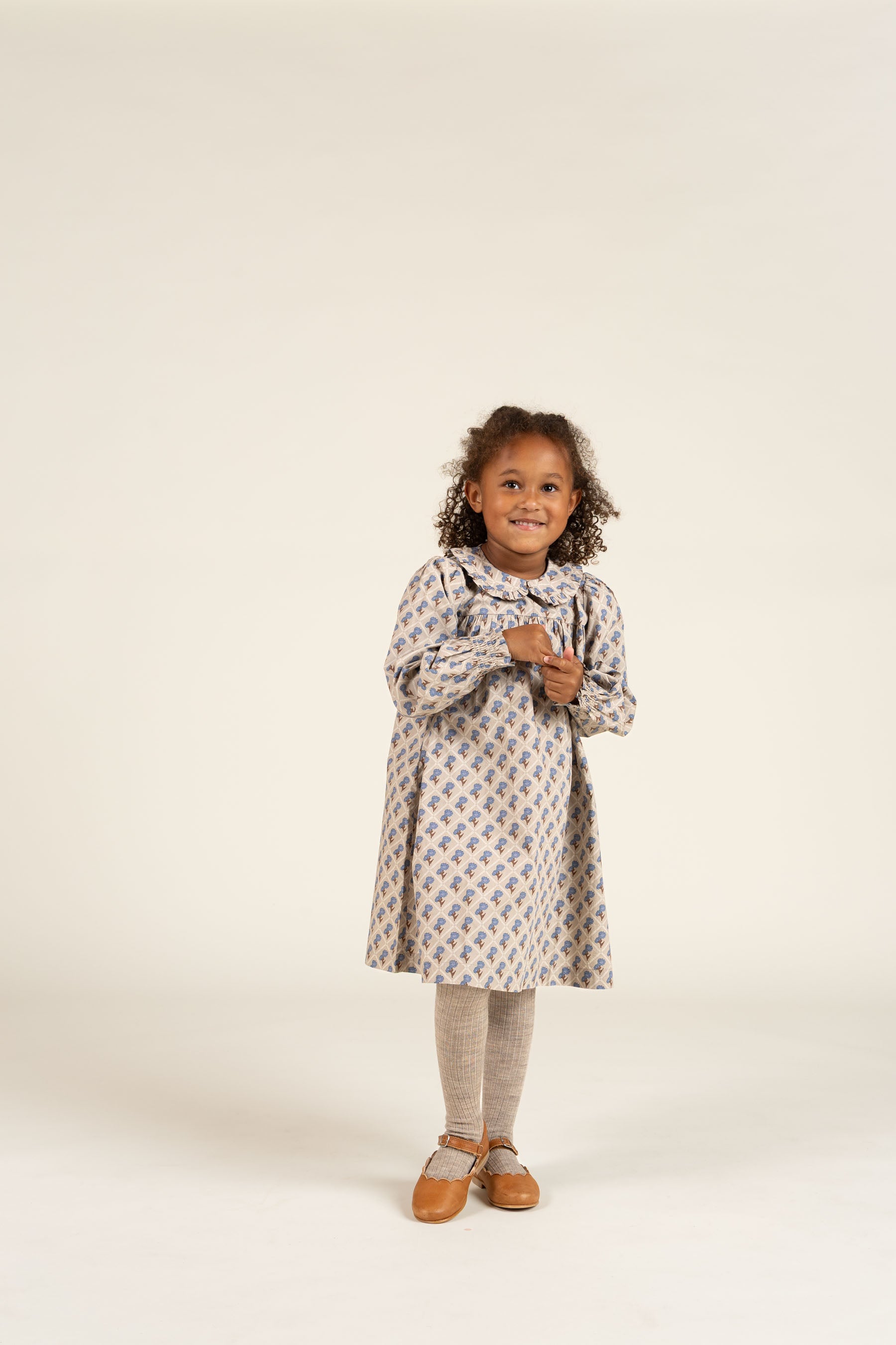 Printed Cotton Poplin Dress - Kids - Caffe Latte w. Blue | 100803 Amine