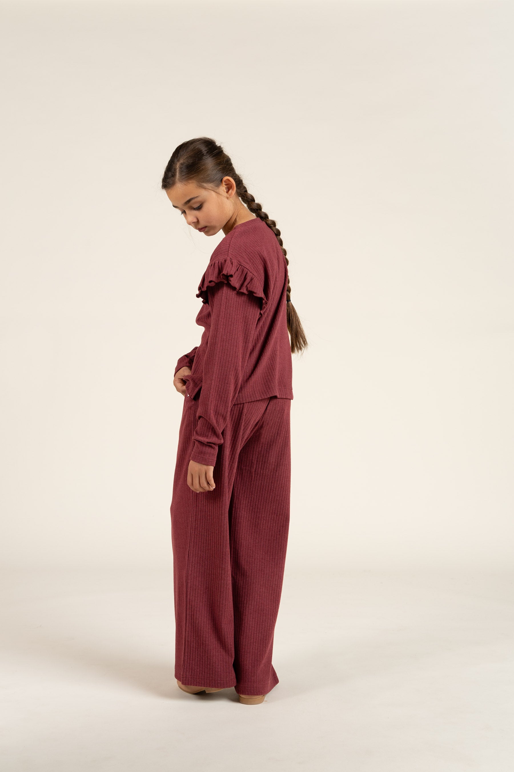 Soft Rib Wide Leg Pants - Tween - Burgundy Melange | 100702 Alana