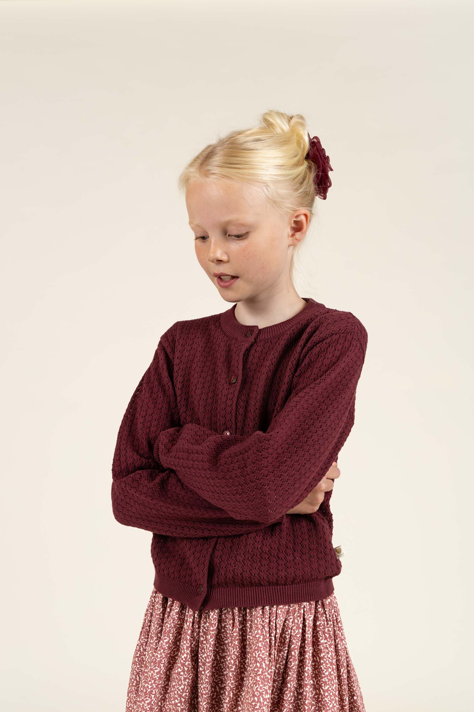 Cotton Pointelle Cardigan - Tween - Burgundy | 100686 Esme