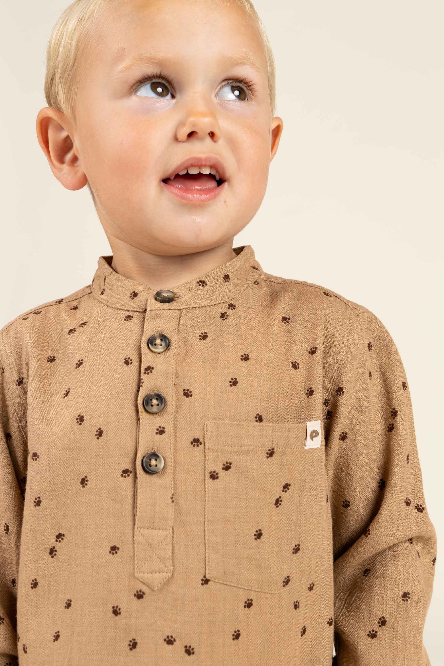 Herringbone Woven Cotton Shirt w/ Print - Kids - Light Brown | 100760 Edward