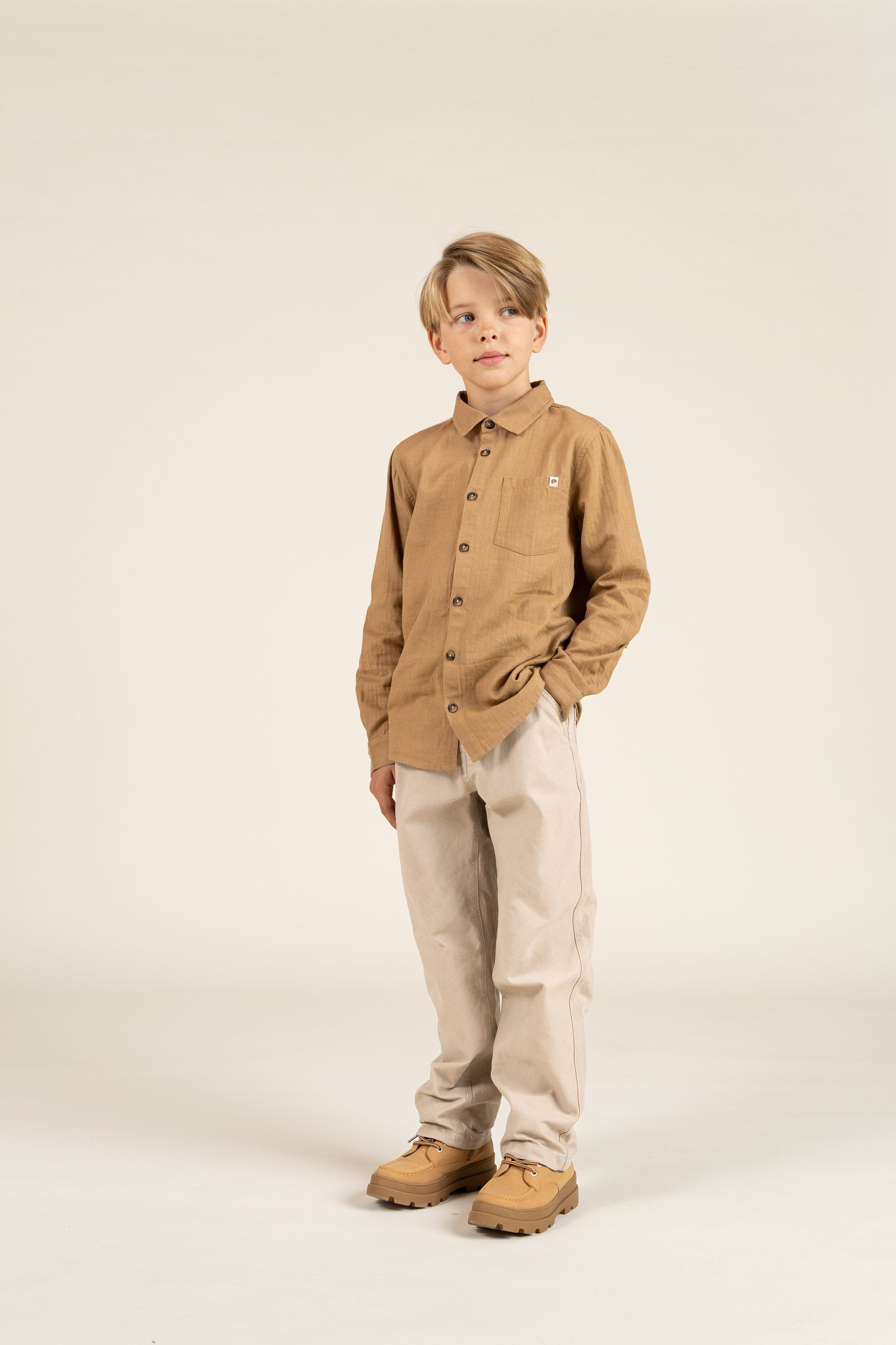Herringbone Woven Cotton Shirt - Tween - Light Brown | 100804 Edward