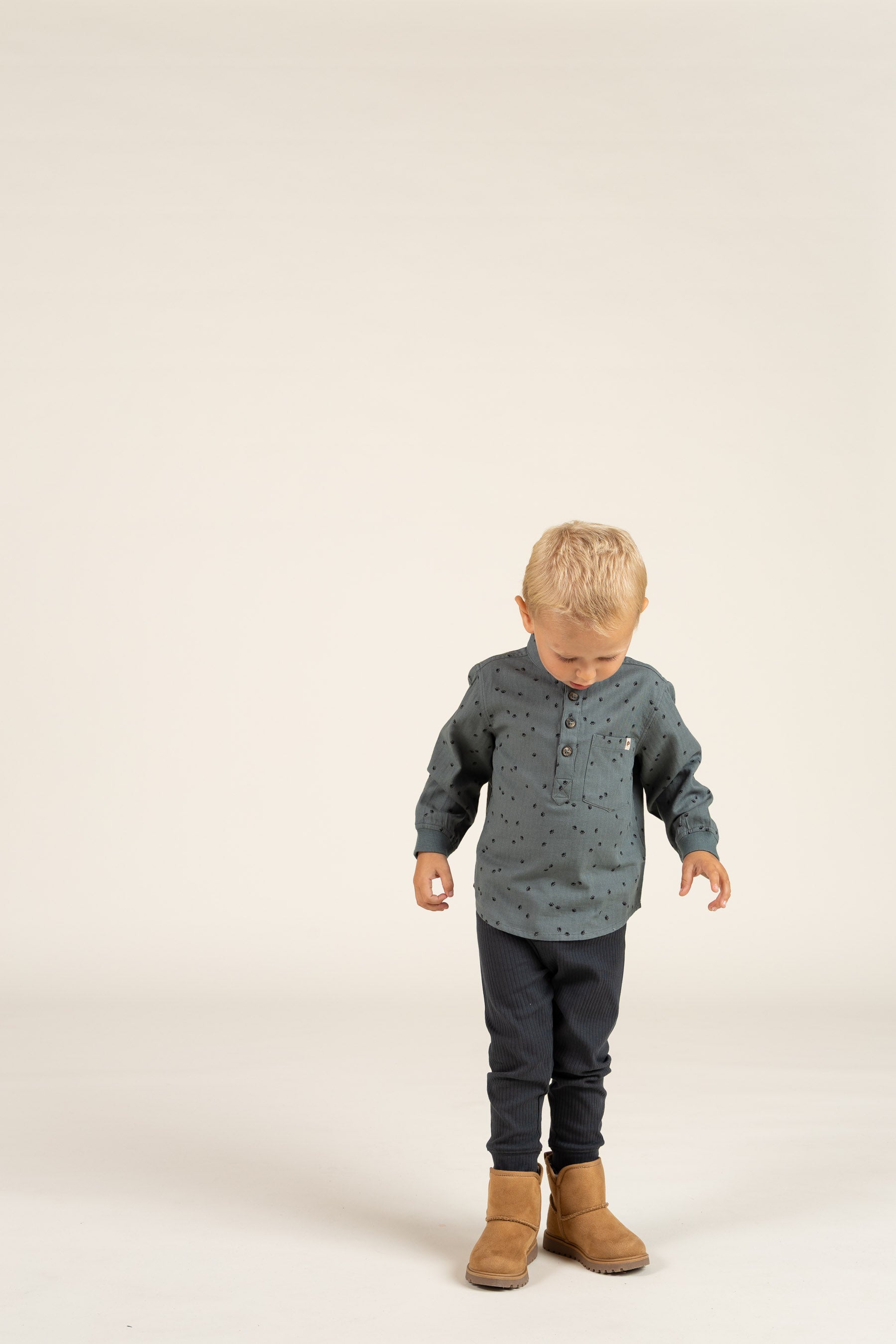 Herringbone Woven Cotton Shirt w/ Print - Kids - Dark Dusty Green | 100761 Edward
