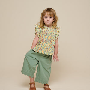 Flower Printed Poplin Frill Top - Kids - Green | 100950 Poppy