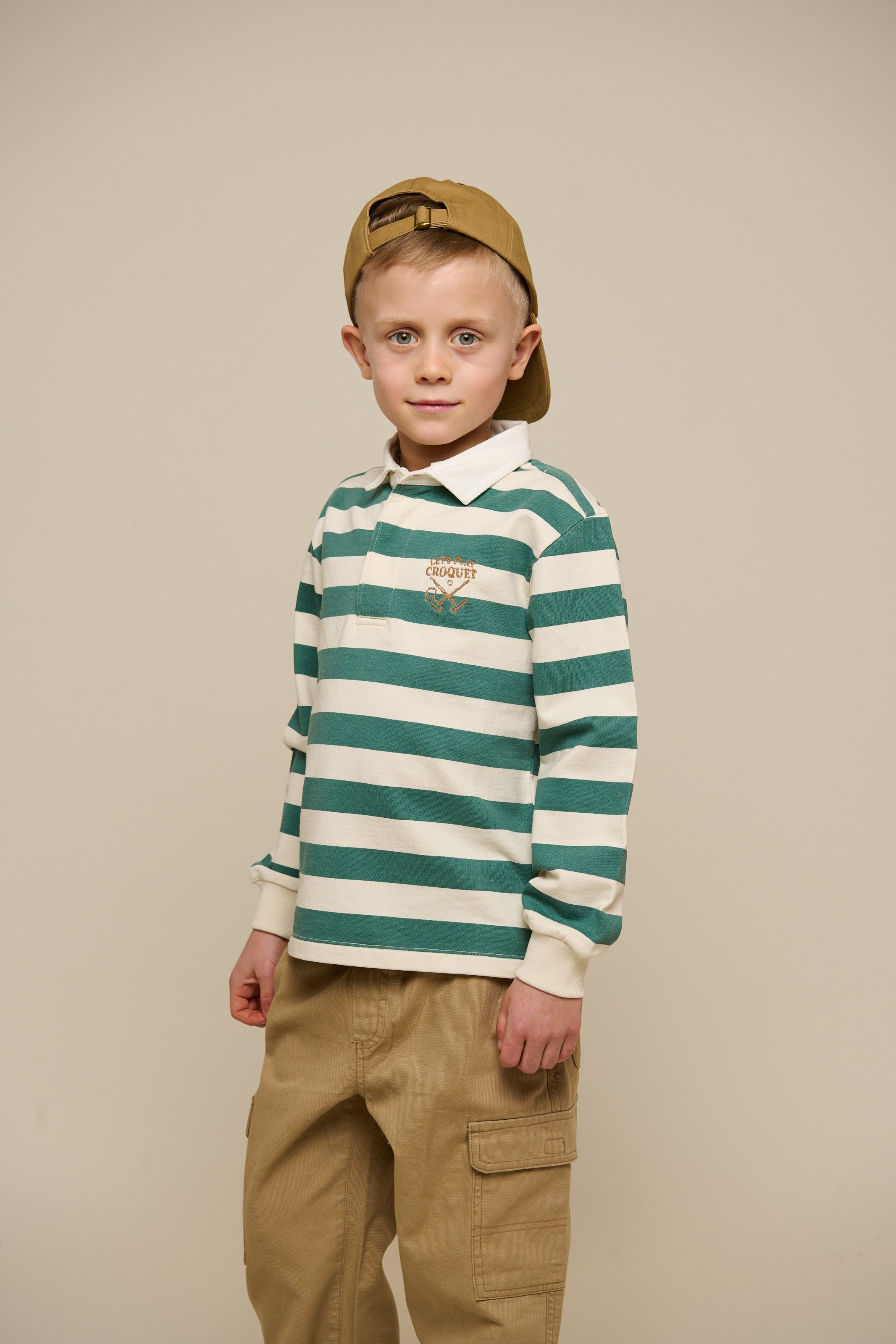 Striped Polo Sweatshirt - Tween - Tropical Green/Offwhite | 101341 Marco