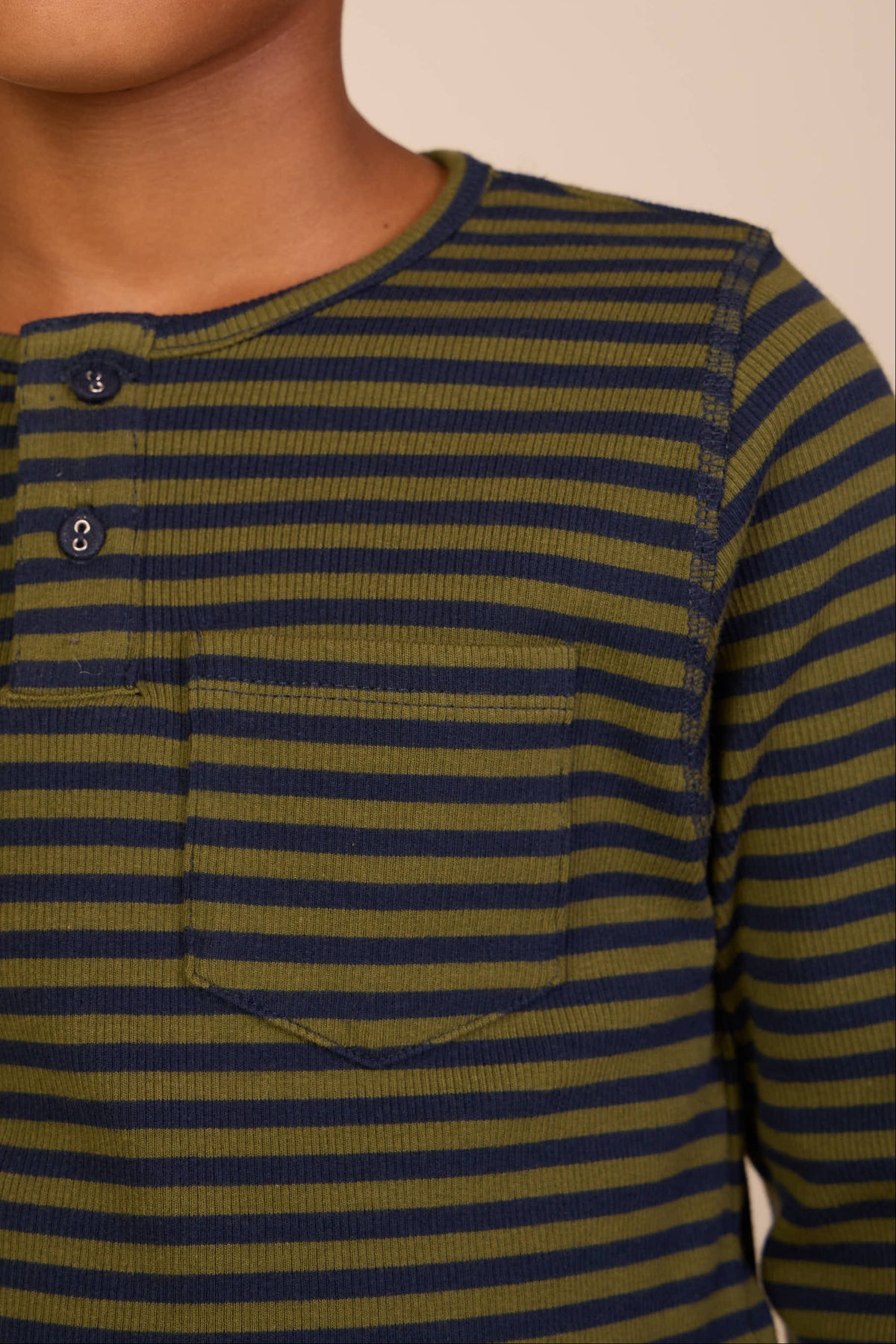 Ribbed Long-Sleeve Henley T-Shirt - Kids - Moss Green/Navy Stripe | 101595 Conrad