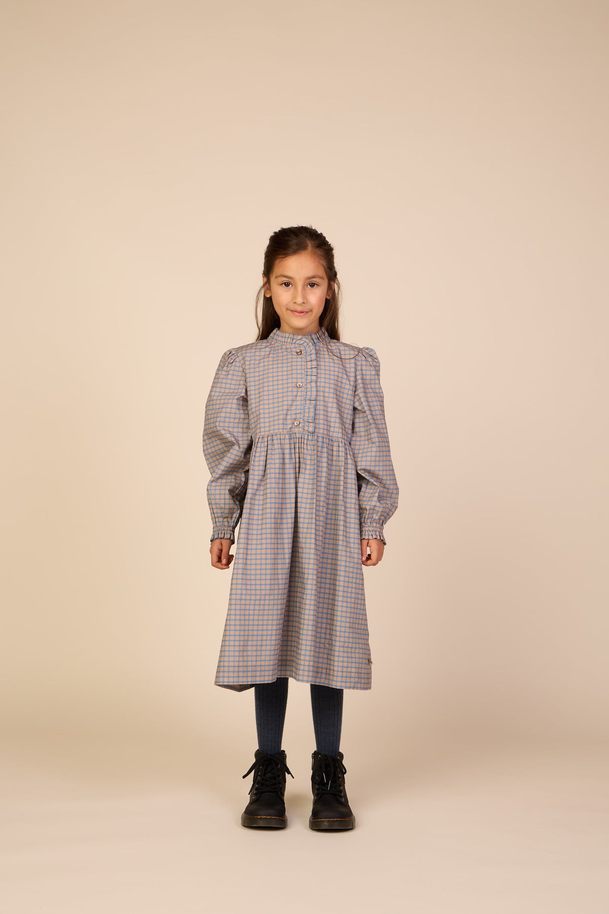 Frill Placket Poplin Dress - Tween - Blue Check | 101438 Julia