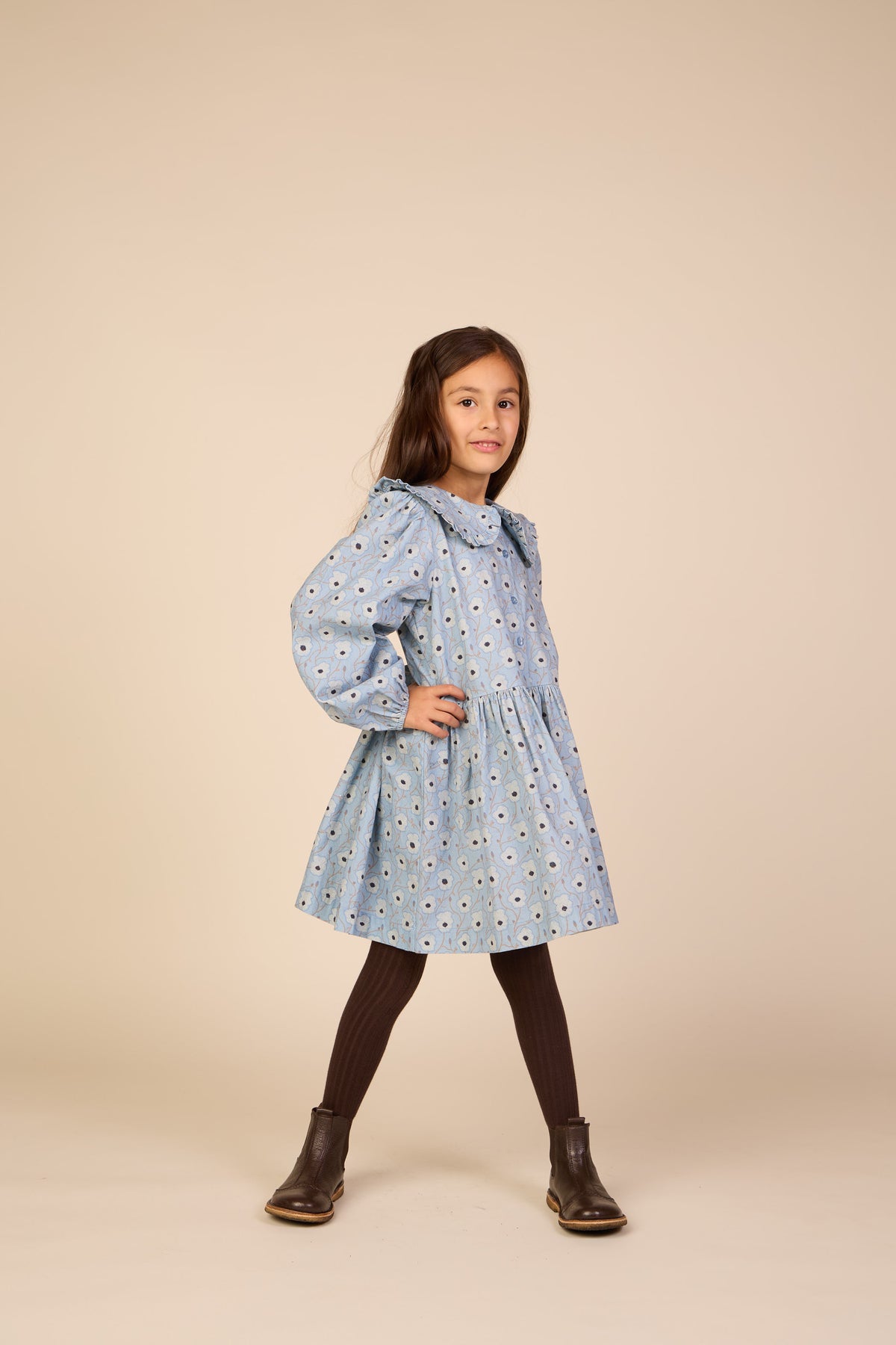 Floral Cotton Dress with Collar - Tween - Blue/Brown | 101428 Nova