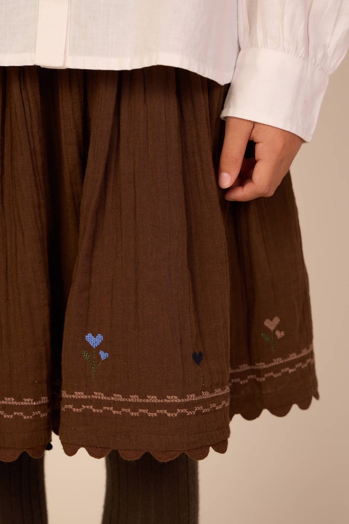 Cross-Stitch Double Gauze Skirt - Tween - Brown | 101472 Laureen
