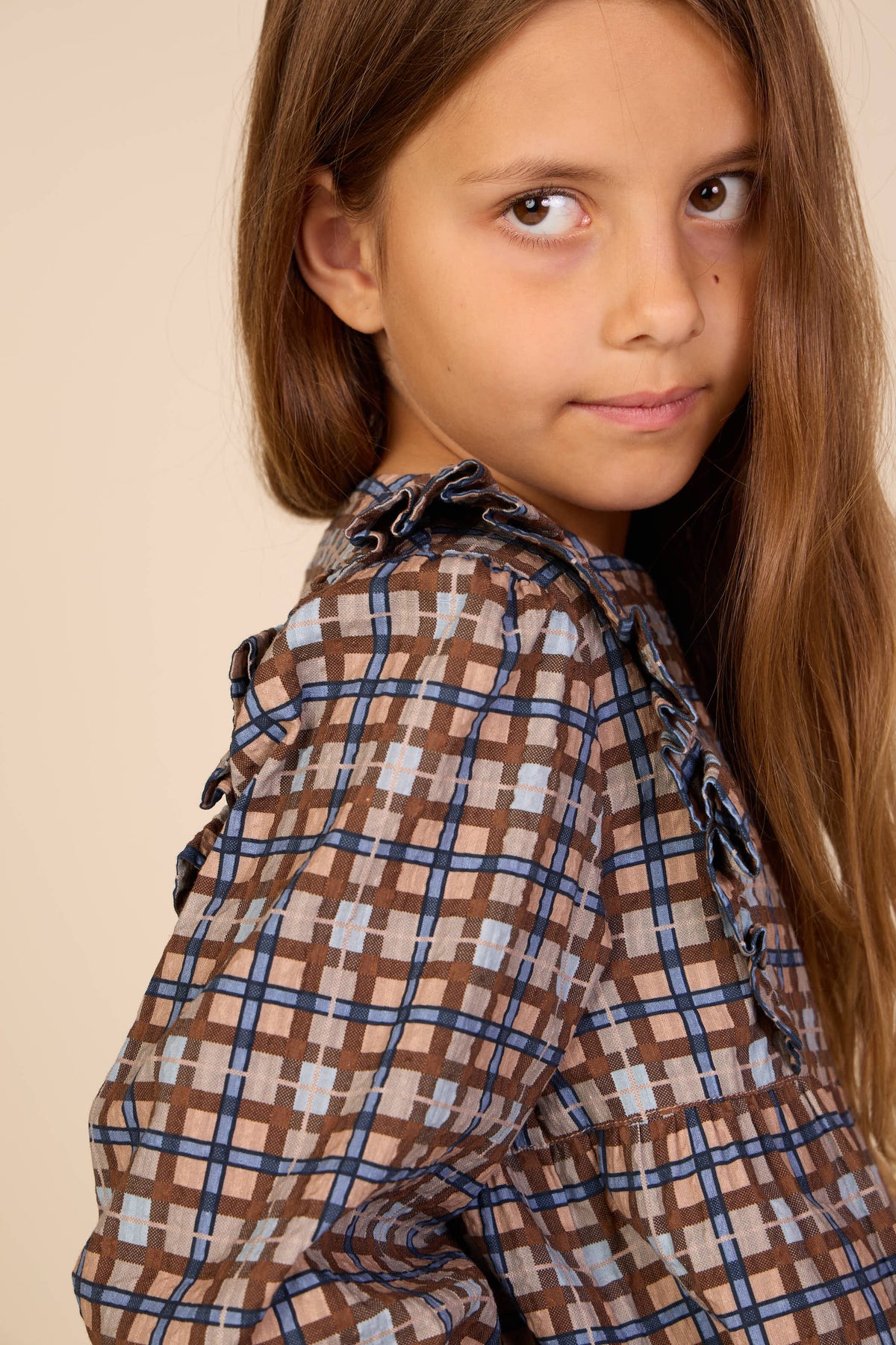 Checked Cotton Frill Blouse - Tween - Blue | 101496 Penny