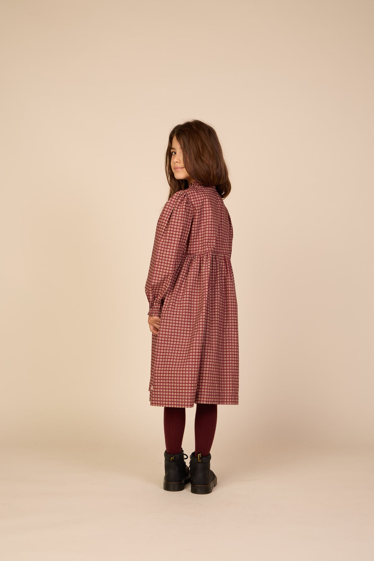 Frill Placket Poplin Dress - Tween - Bordeaux Check | 101437 Julia