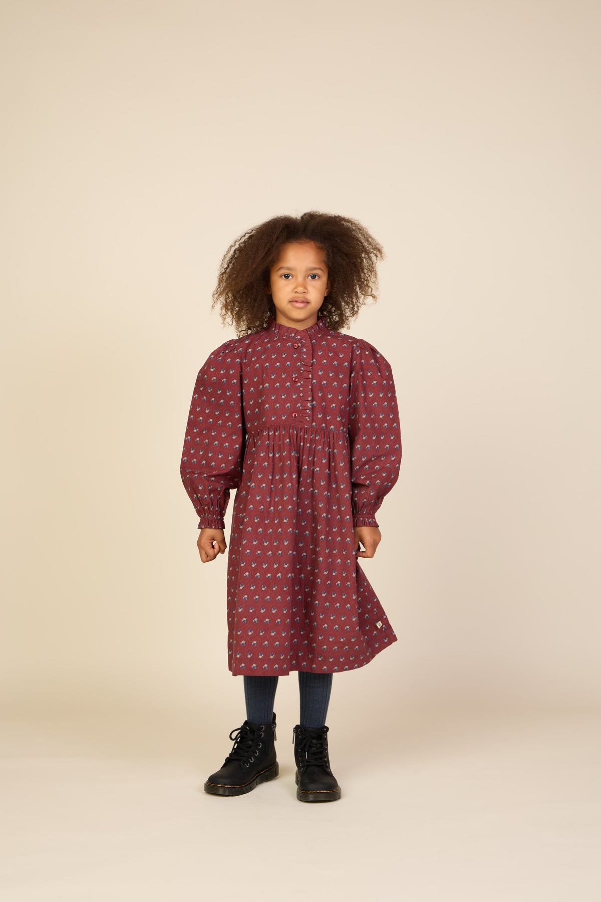 Frill Placket Poplin Dress - Tween - Bordeaux Flowerprint | 101439 Julia