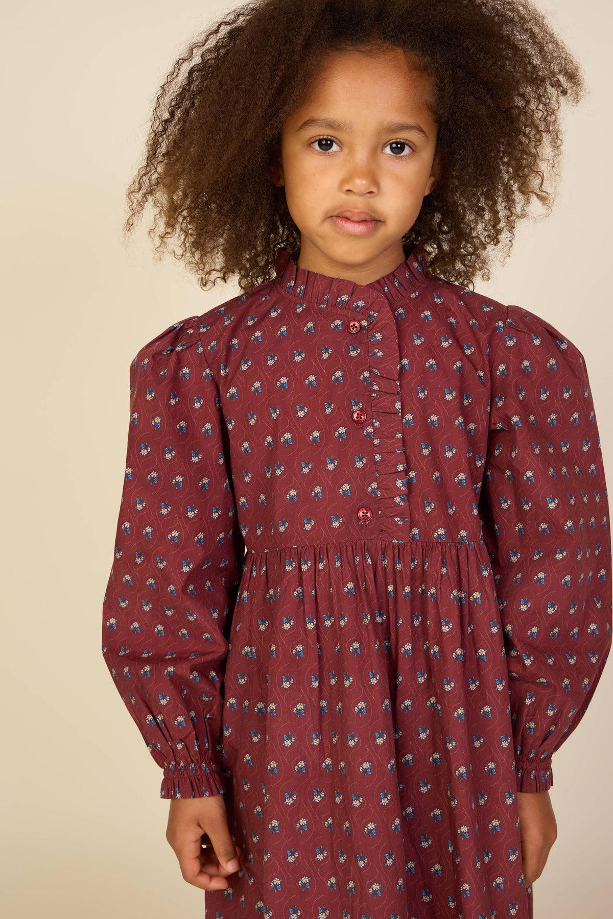 Frill Placket Poplin Dress - Tween - Bordeaux Flowerprint | 101439 Julia