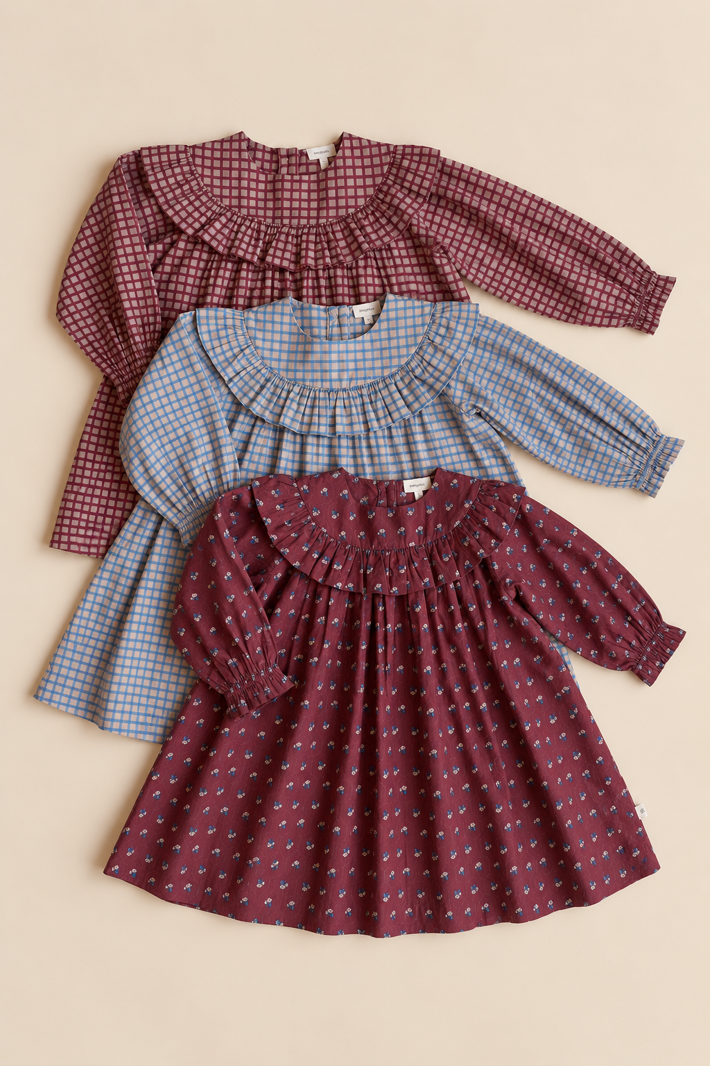 Ruffle Yoke Poplin Dress - Kids - Bordeaux Check | 101440 Julia