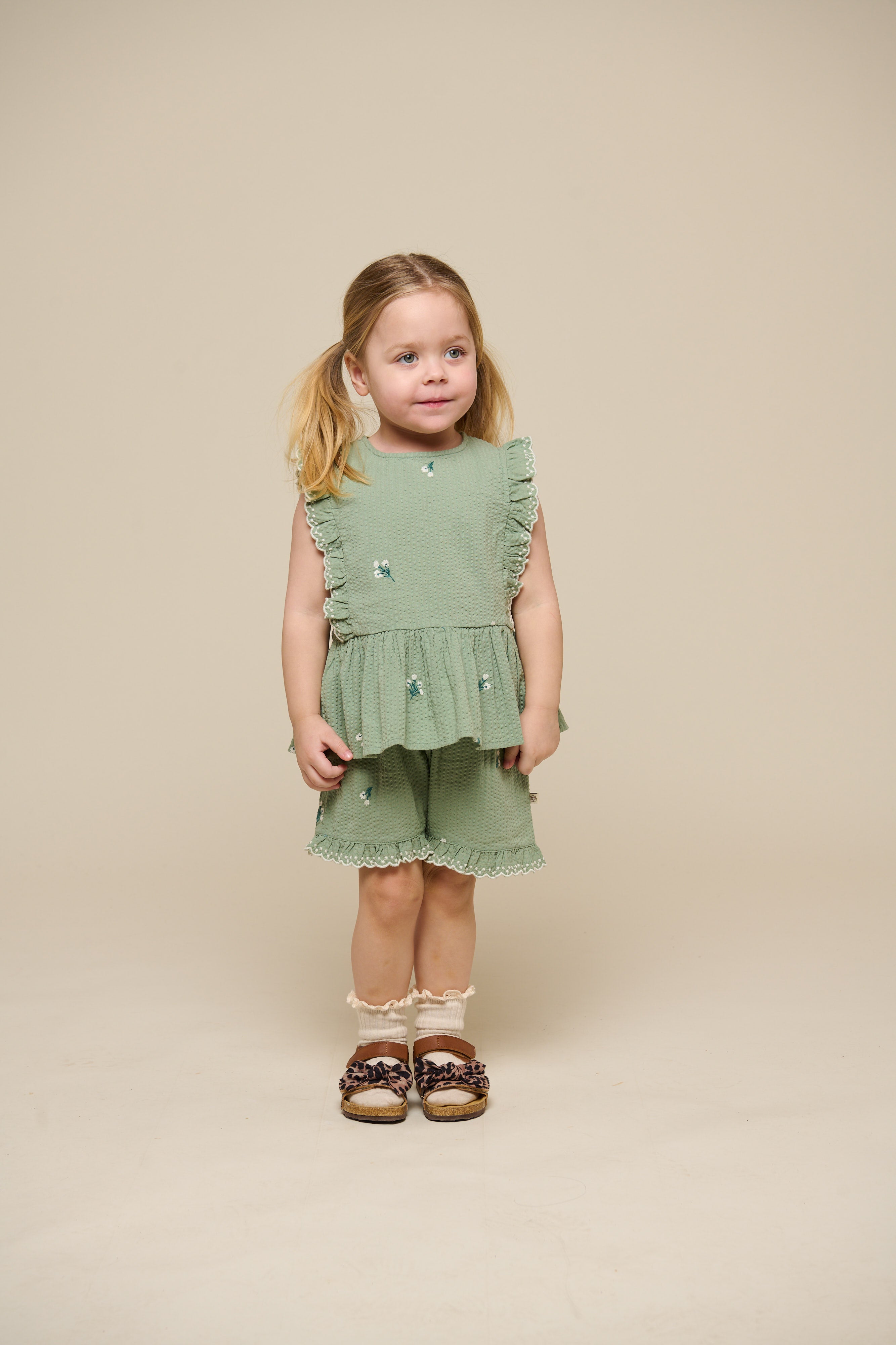 Embroidered Seersucker Shorts - Kids - Dusty Green | 100984 Nora