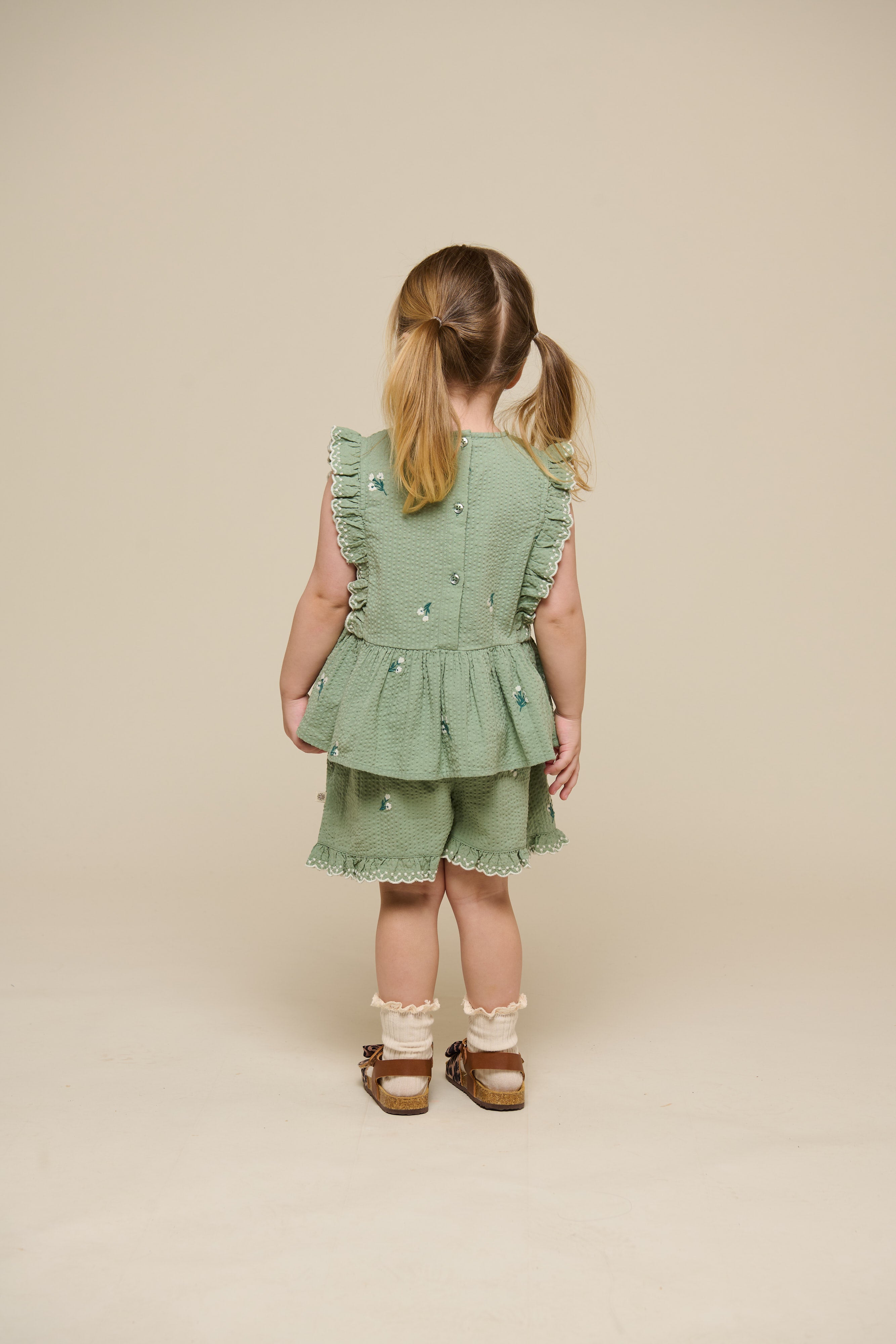 Embroidered Seersucker Shorts - Kids - Dusty Green | 100984 Nora