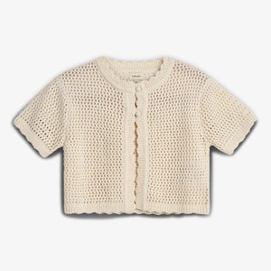 A cream-colored, short-sleeve crochet cardigan with scalloped edges is displayed flat against a plain white background. The label inside reads "pupillin."