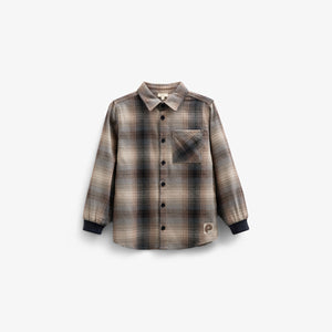 Checked Flannel Shirt with Rib Cuff - Kids - Brown Navy Check | 100529 Henry