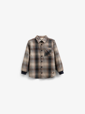Checked Flannel Shirt with Rib Cuff - Kids - Brown Navy Check | 100529 Henry
