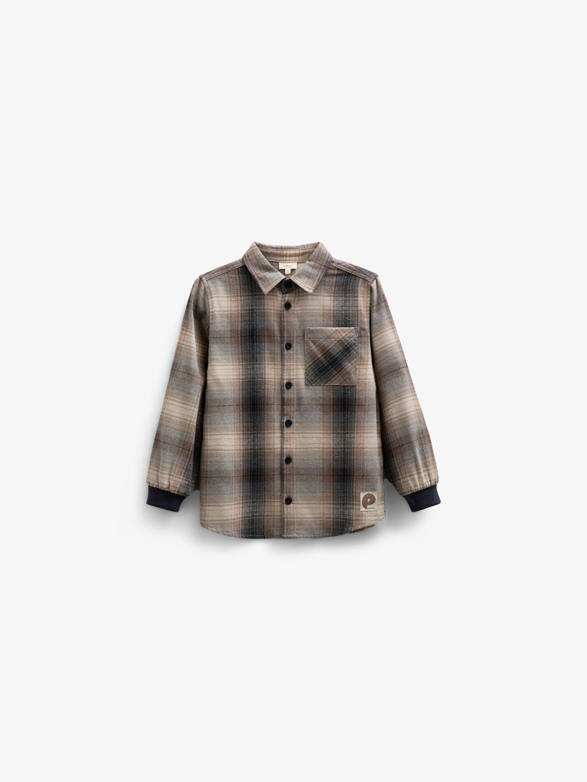 Checked Flannel Shirt with Rib Cuff - Kids - Brown Navy Check | 100529 Henry