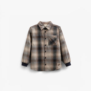 Checked Flannel Shirt with Rib Cuff - Kids - Brown Navy Check | 100529 Henry
