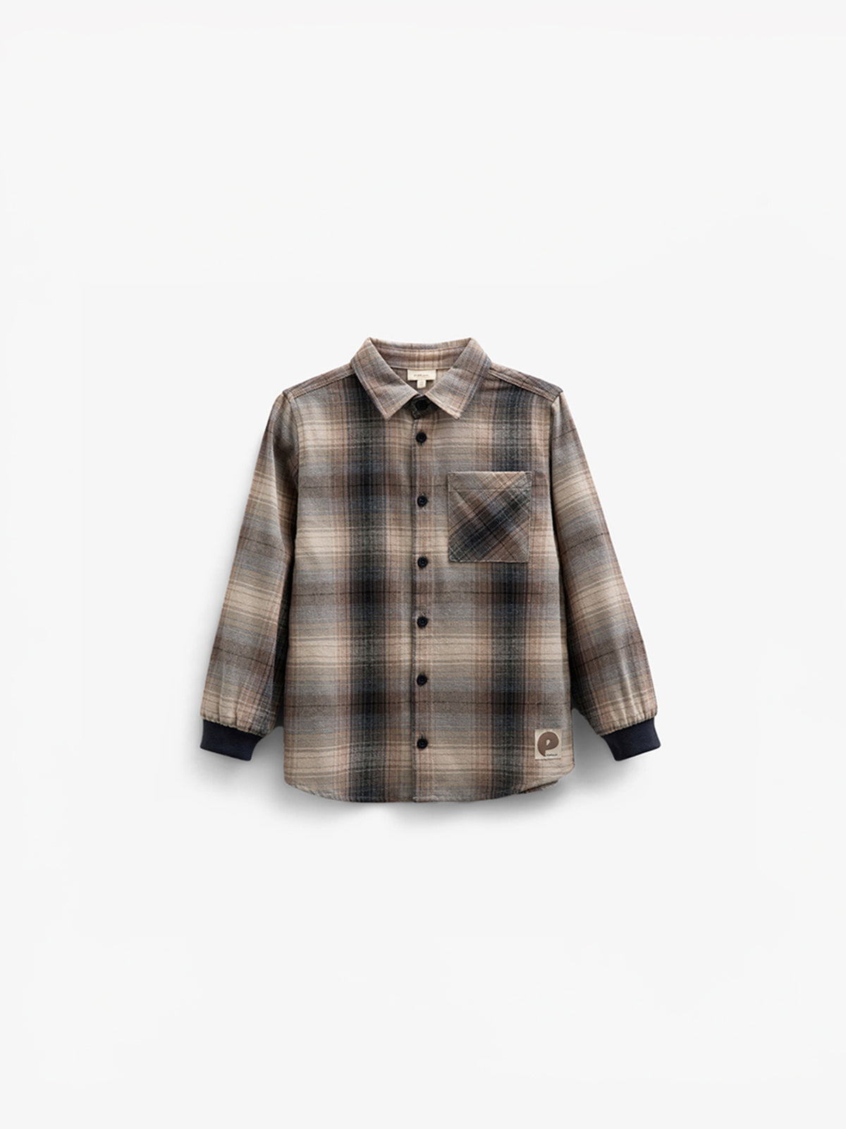 Checked Flannel Shirt with Rib Cuff - Kids - Brown Navy Check | 100529 Henry