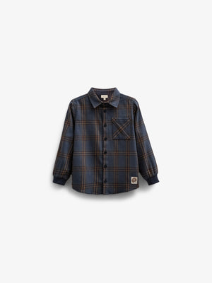 Checked Flannel Shirt with Rib Cuff - Kids - Navy Check | 100530 Henry