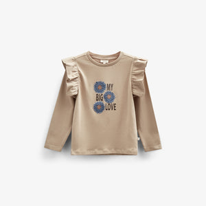 Frill Sleeve Jersey Blouse with Front print - Kids - Caffe Latte | 100842 Demi