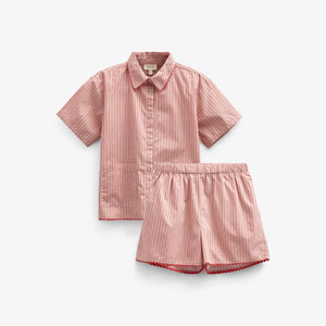 Striped Poplin Shirt and Shorts Set - Kids - Old Rose/Cherry Red | 100946 Olivia