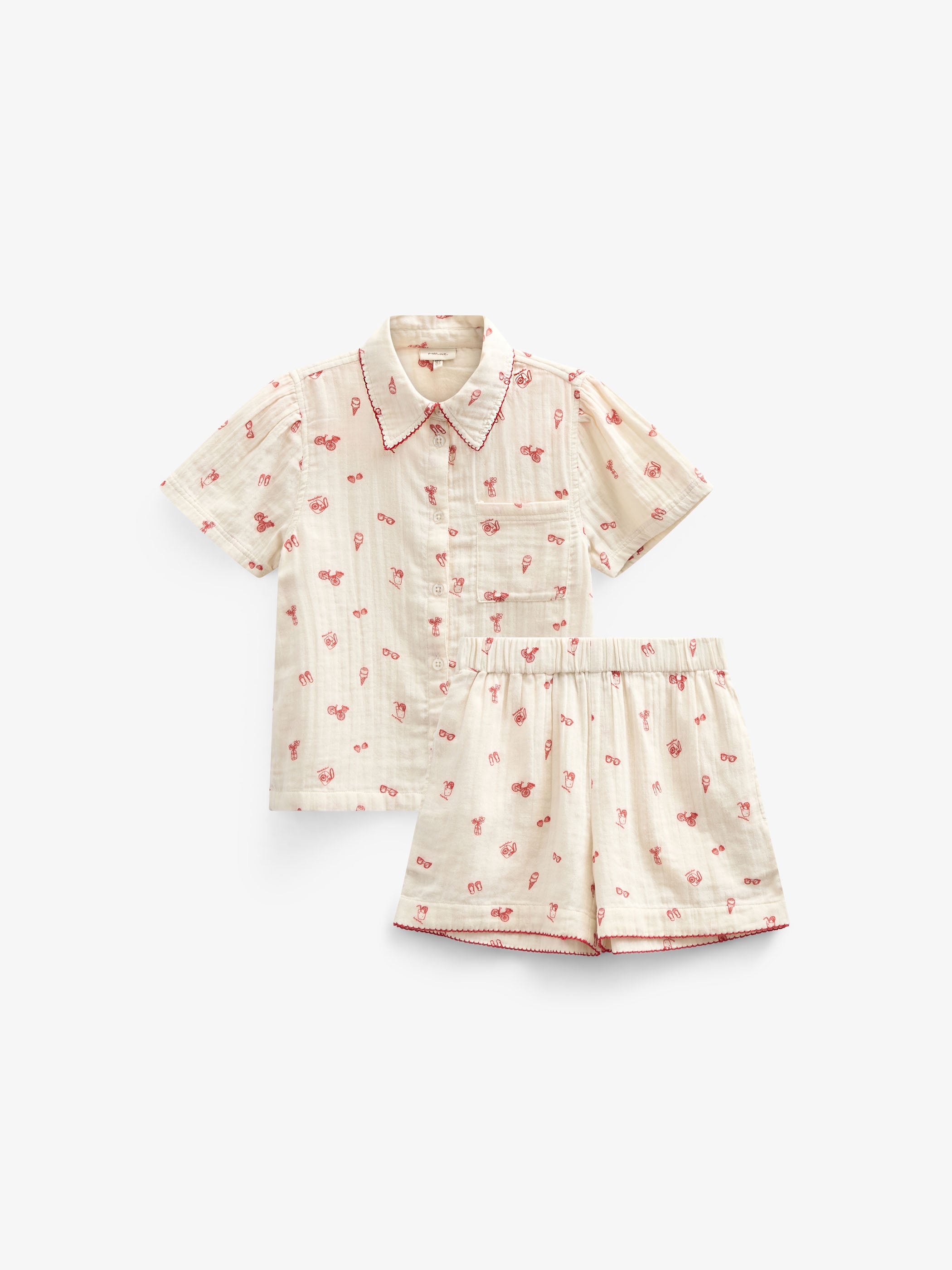 Printed Gauze Shirt and Shorts Set - Kids - Offwhite/Cherry Red | 100972 Fiona