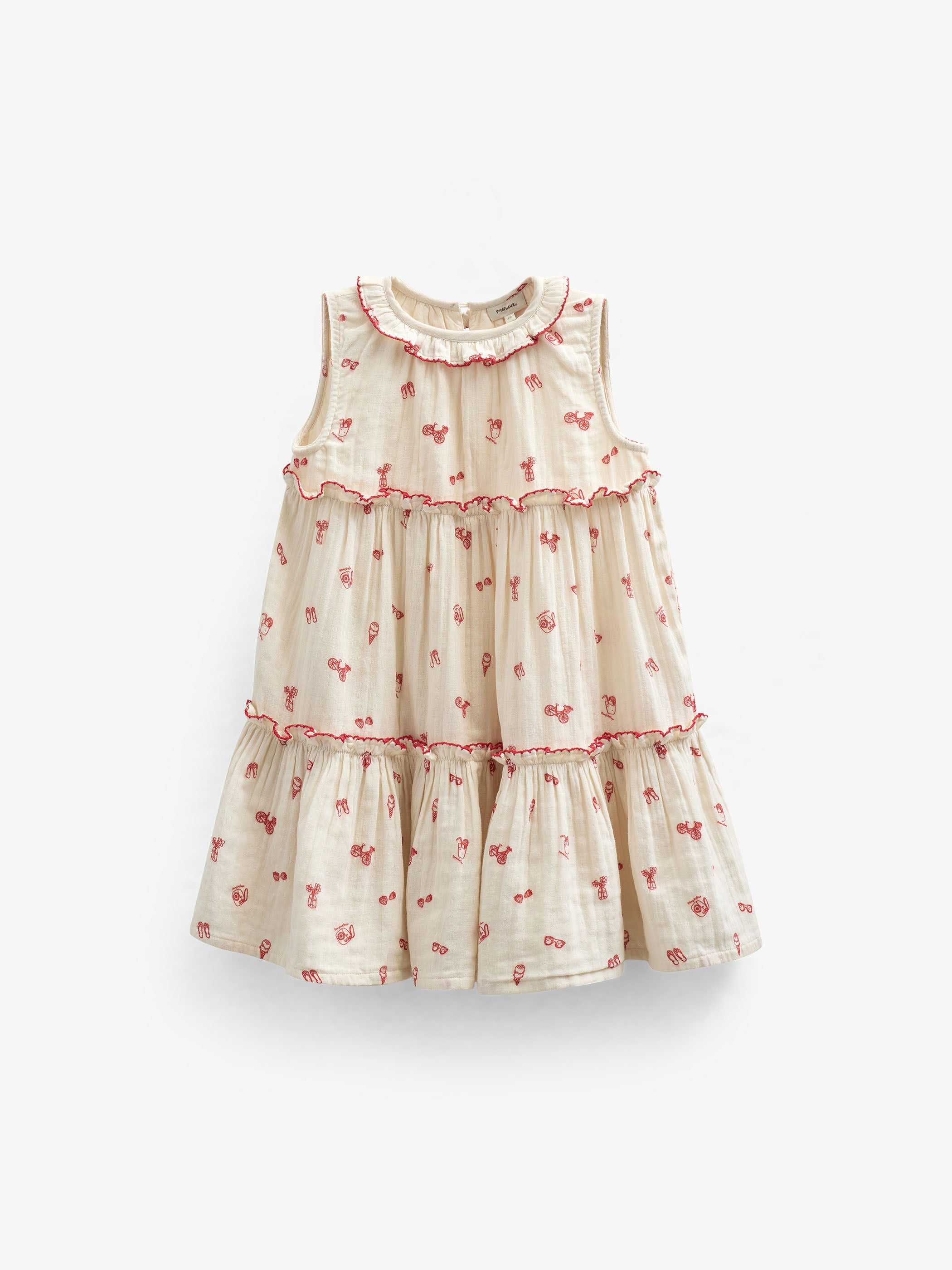 Printed Gauze Dress with Collar - Kids - Offwhite/Cherry Red | 100975 Fiona