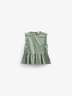 Embroidered Seersucker Top - Kids - Dusty Green | 100980 Nora