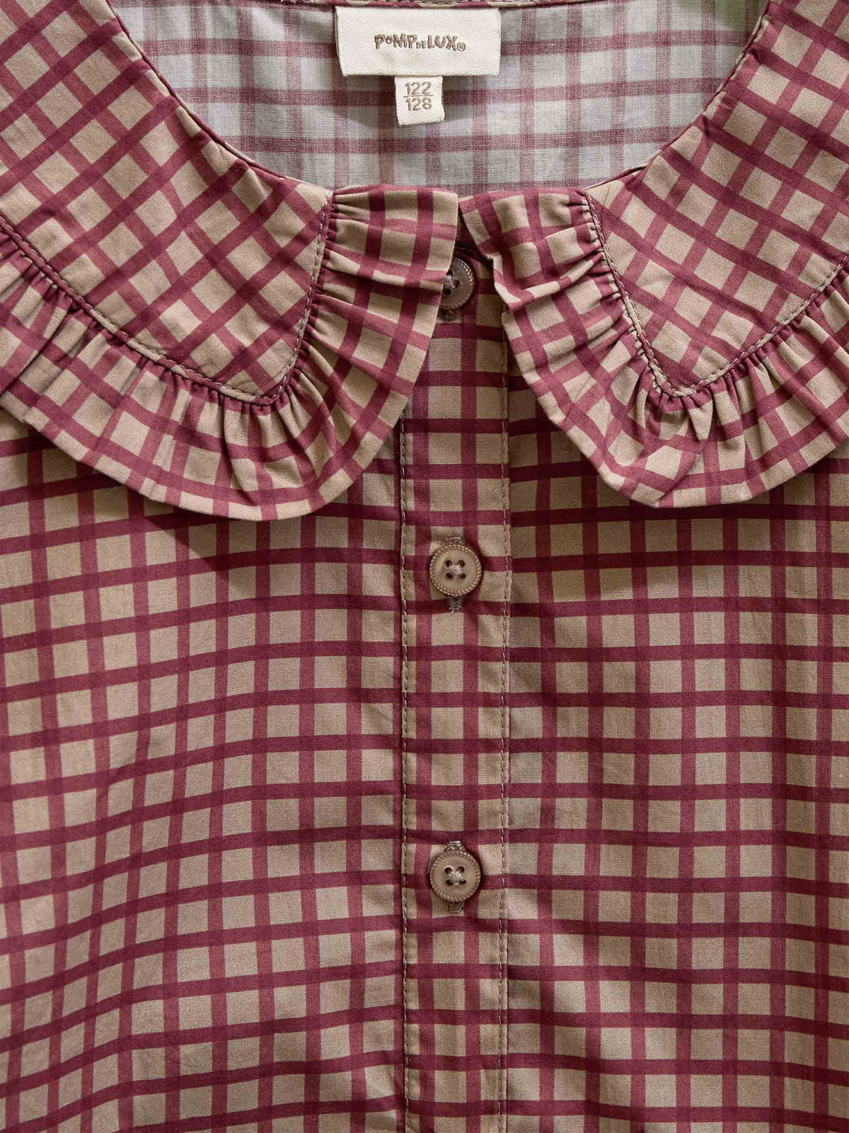 Frill Collar Poplin Blouse - Kids - Bordeaux Check | 101449 Julia