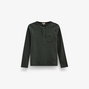 Ribbed Long-Sleeve Henley T-Shirt - Tween - Moss Green/Navy Stripe | 101596 Conrad