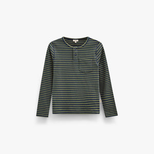 Ribbed Long-Sleeve Henley T-Shirt - Tween - Moss Green/Navy Stripe | 101596 Conrad