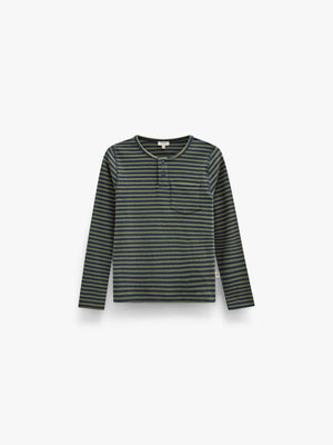 Ribbed Long-Sleeve Henley T-Shirt - Tween - Moss Green/Navy Stripe | 101596 Conrad
