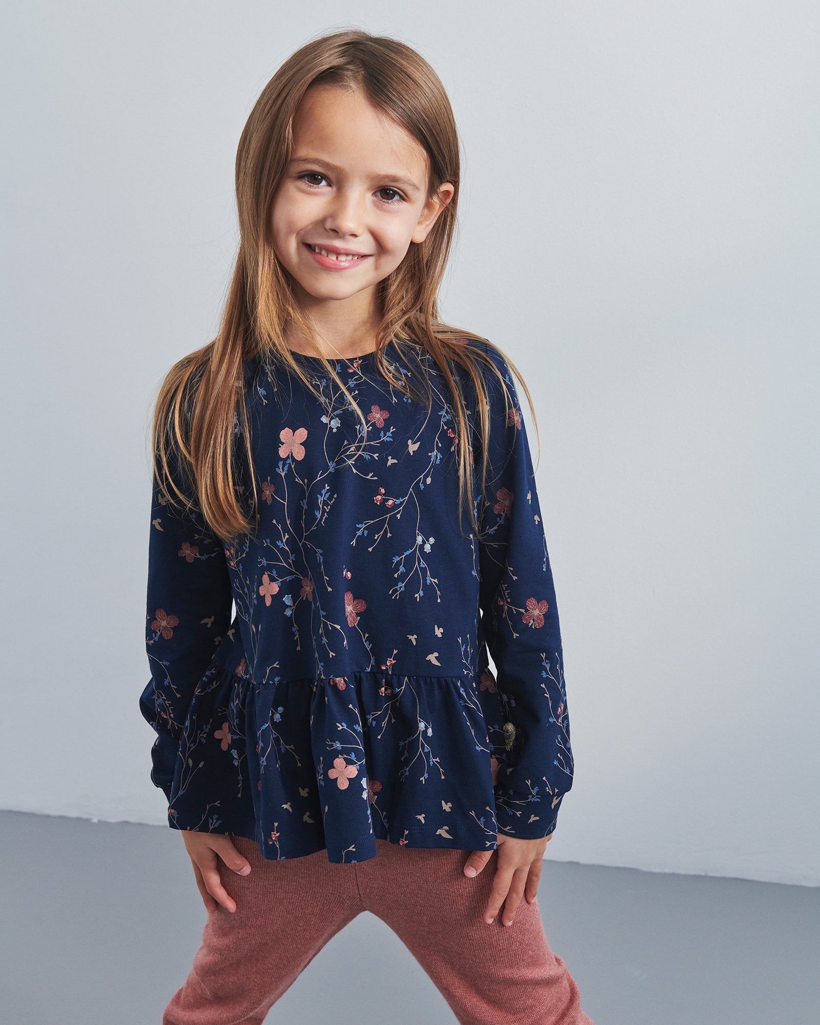 Jersey Peplum Blouse w. Floral Print - Kids - Blue/Rose