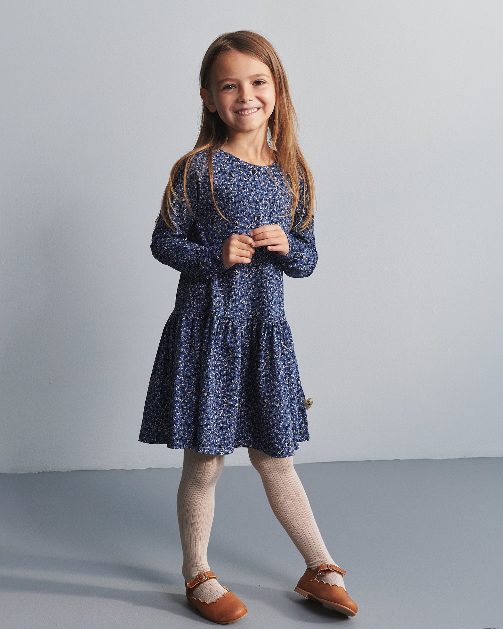 Jersey Dress w. Ditsy Print - Kids - Blue