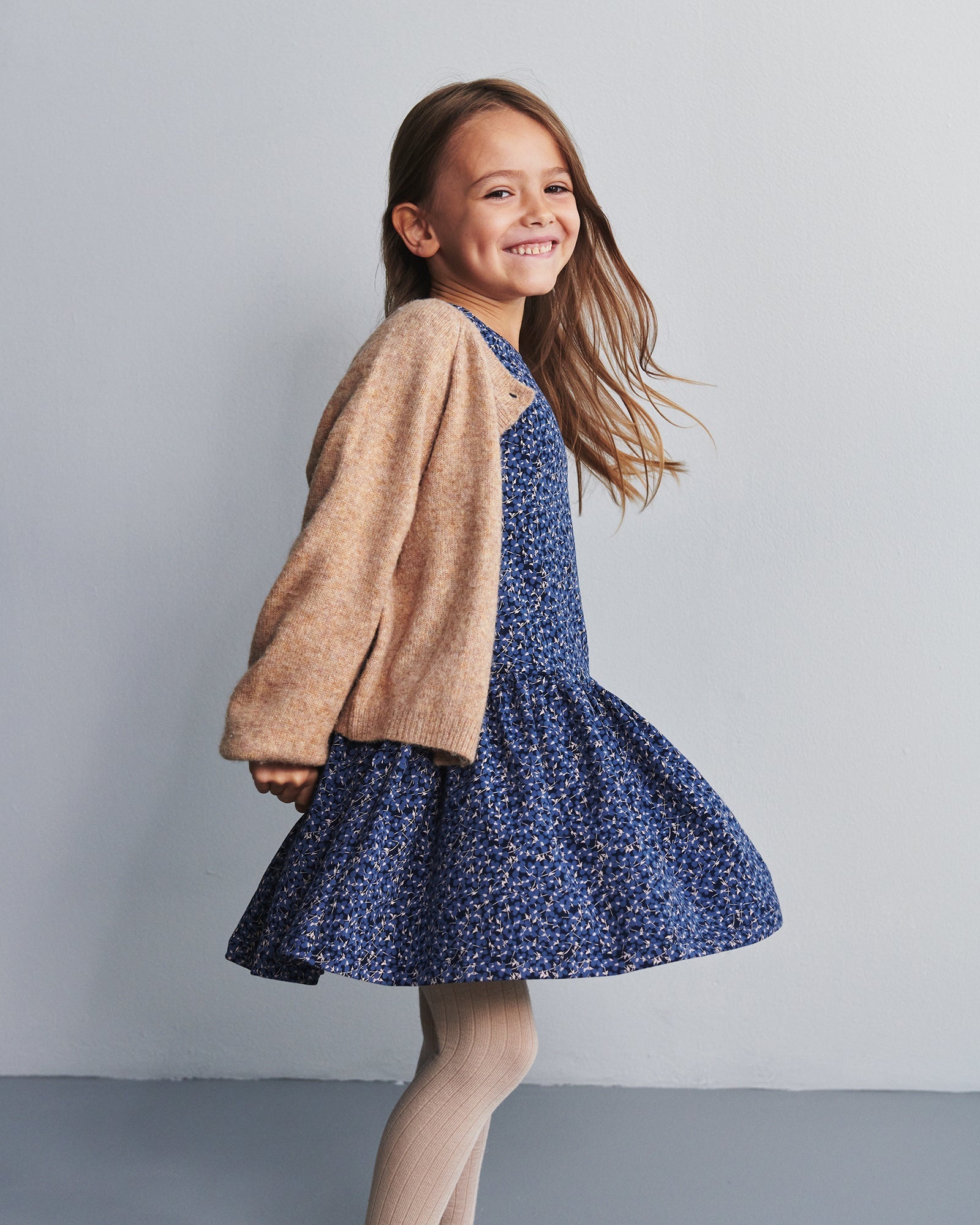 Jersey Dress w. Ditsy Print - Kids - Blue