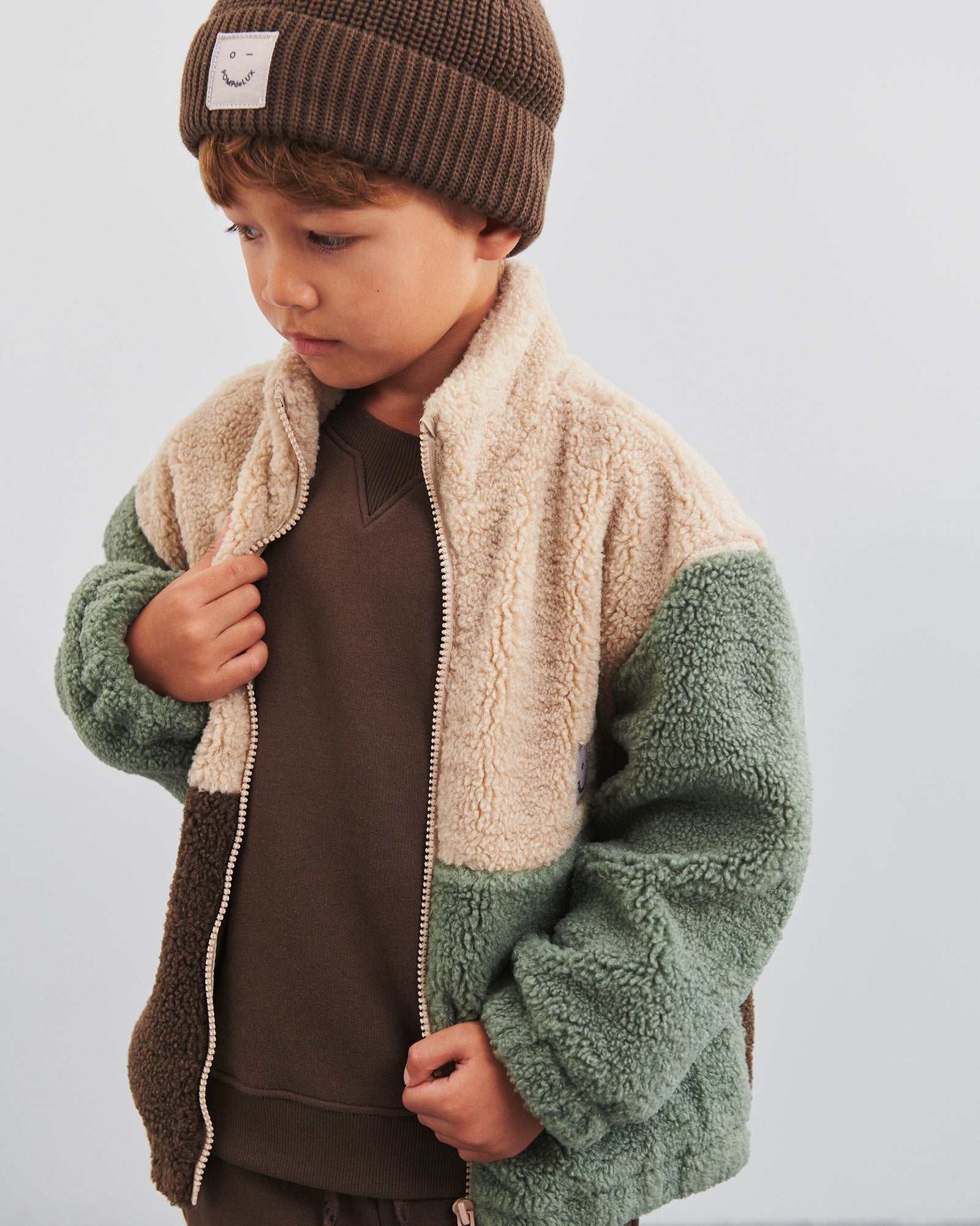 Colorblock Teddy Jacket Kids Green Beige Dark Earth